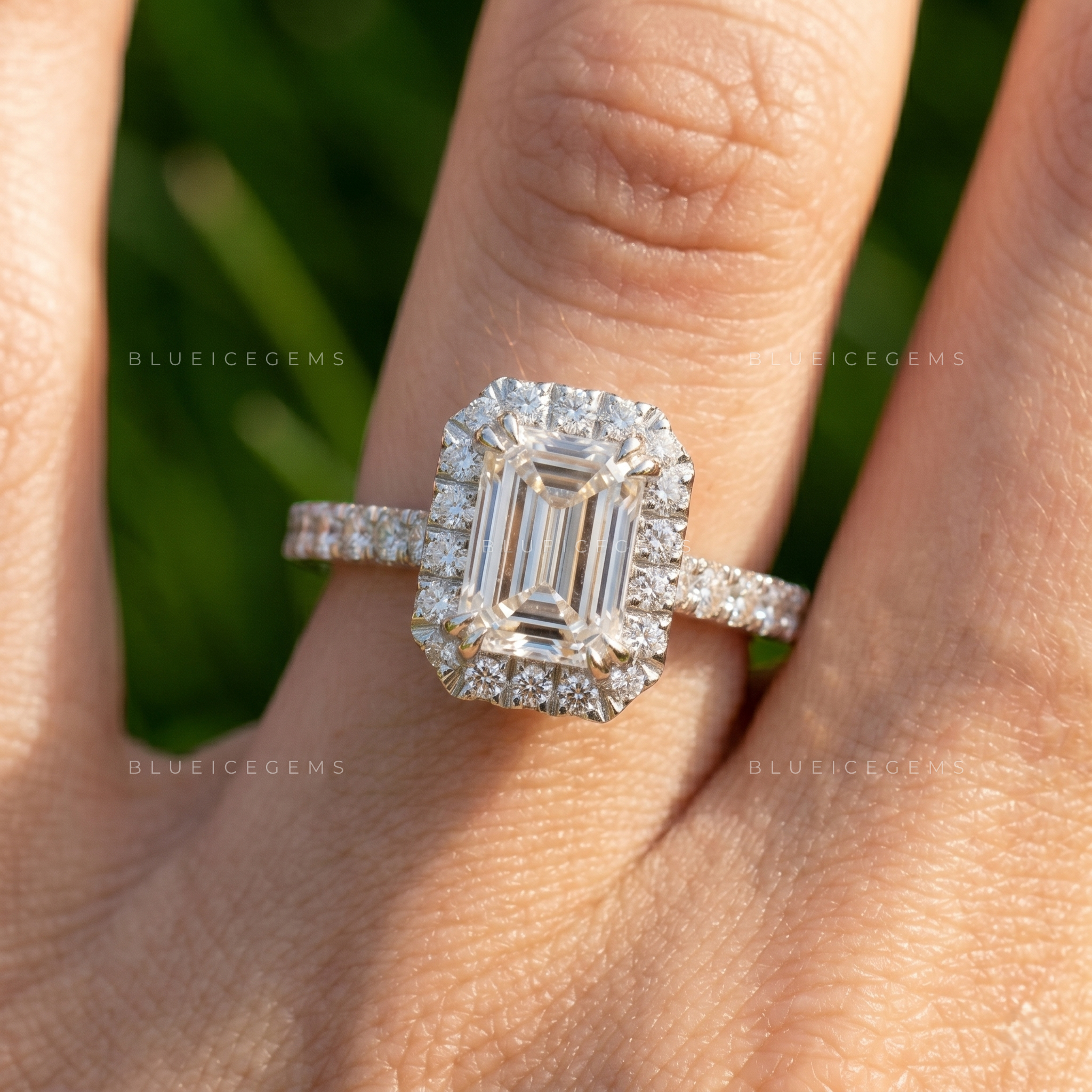 Sophisticated Emerald Cut Halo and Pave Statement Engagement Ring