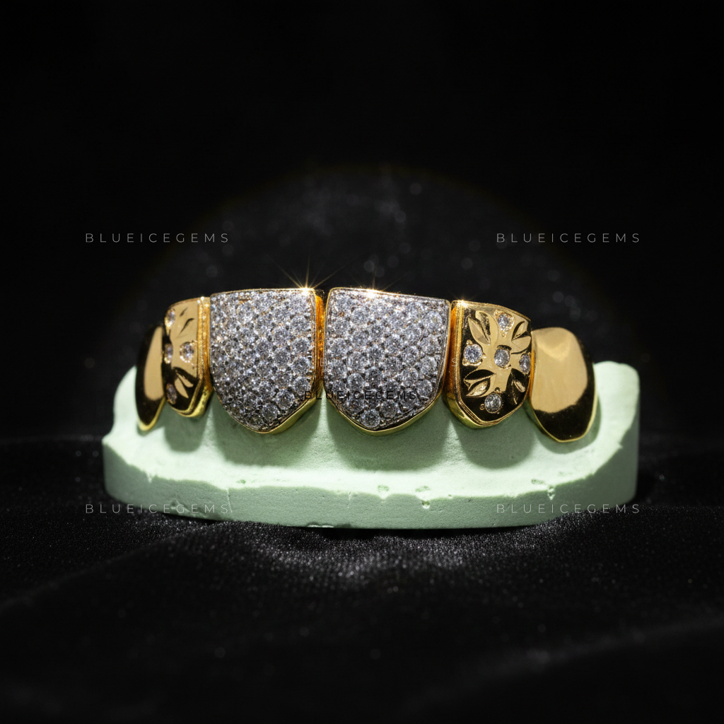 Floral Engraved Iced-Out Shield Grillz