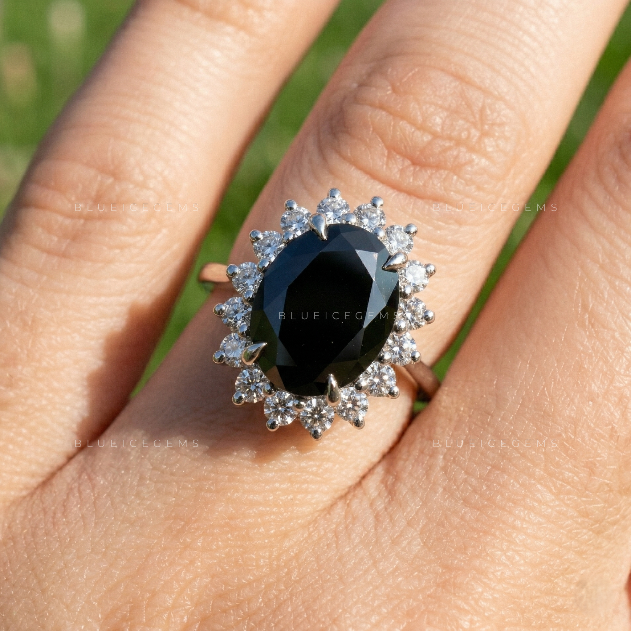 Midnight Noir Oval Cut Black Moissanite Hidden Halo Ring