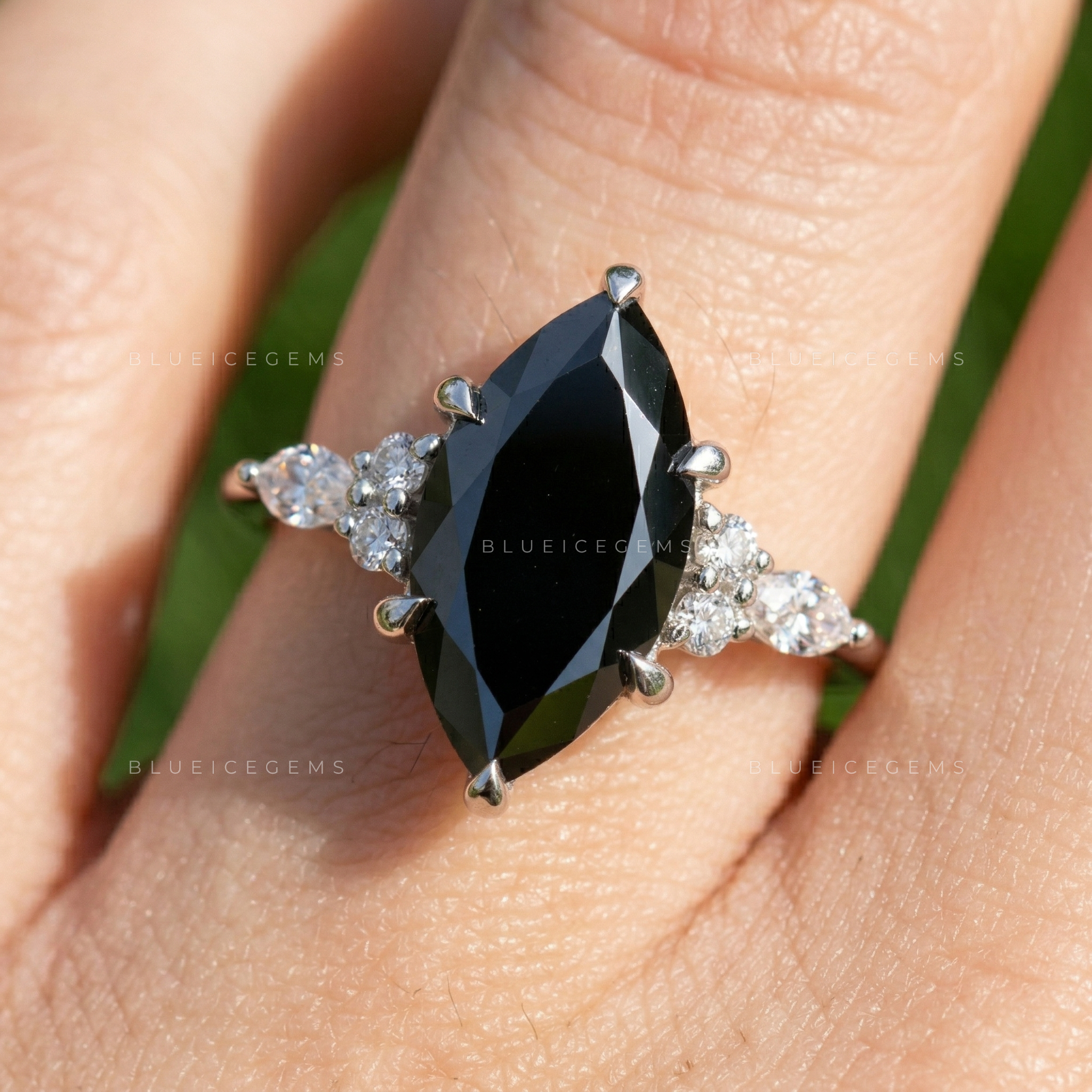 Midnight Noir Marquise Cut Black Diamond Vine Engagement Ring