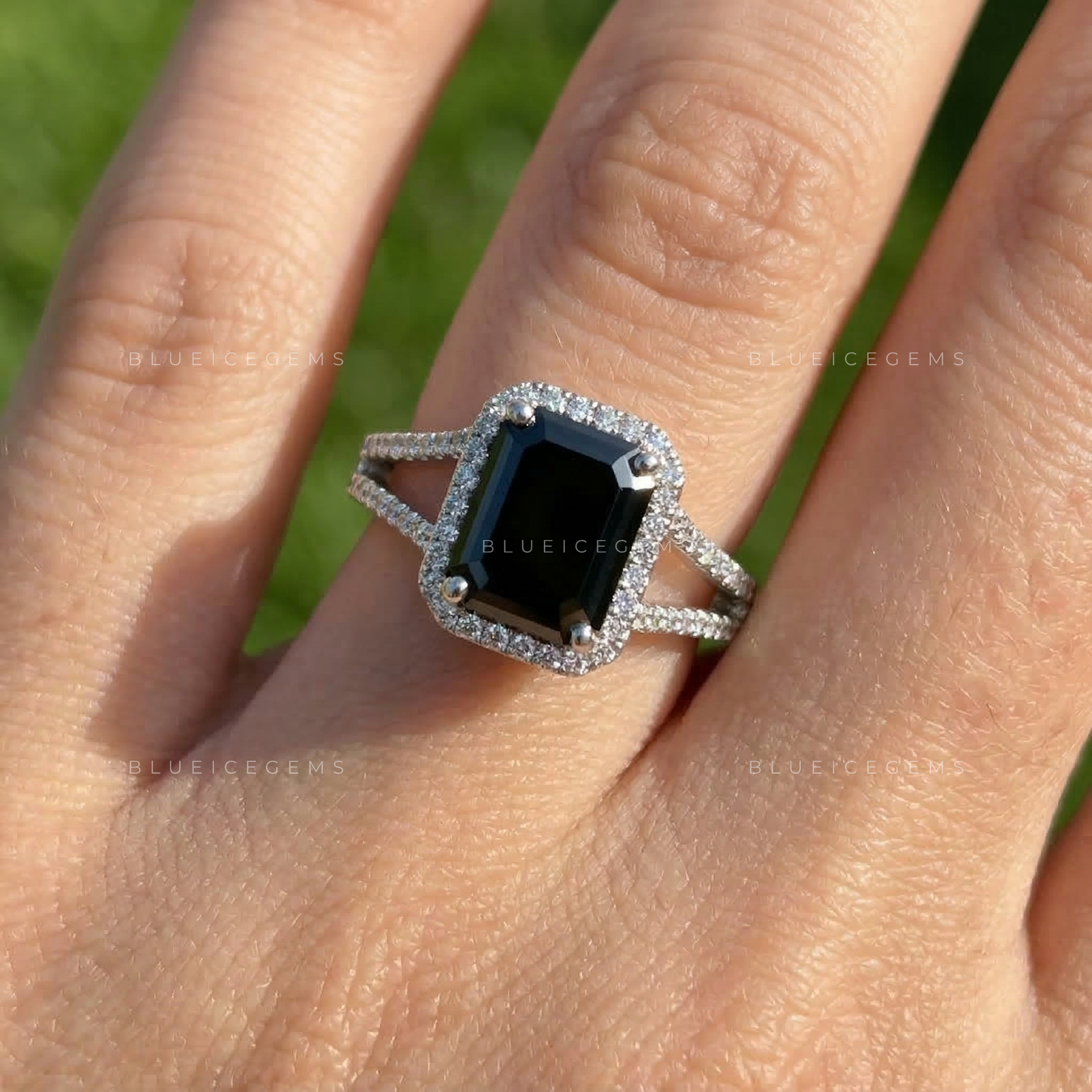 Noir Opulence Emerald Cut Black Moissanite Split Shank Ring