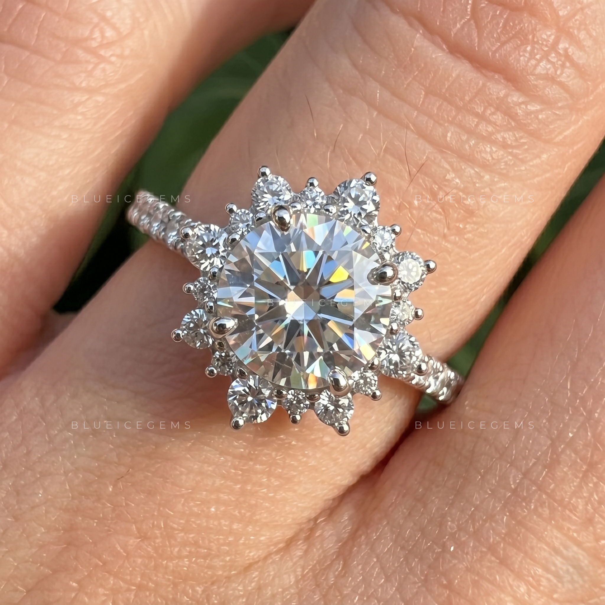 Ethereal Radiance Round Cut Cluster Halo Low Setting Engagement Ring