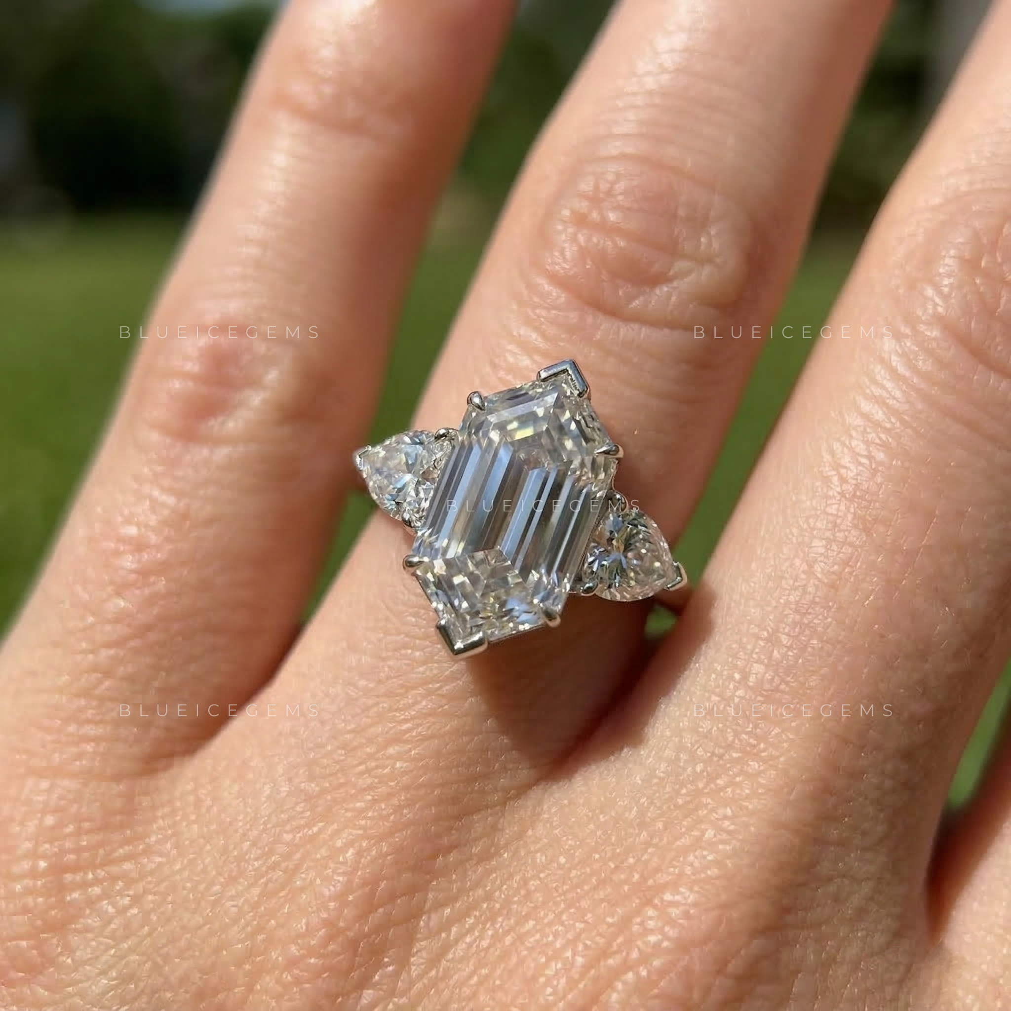 Mystic Slate Hexagon Cut Three-Stone Ring