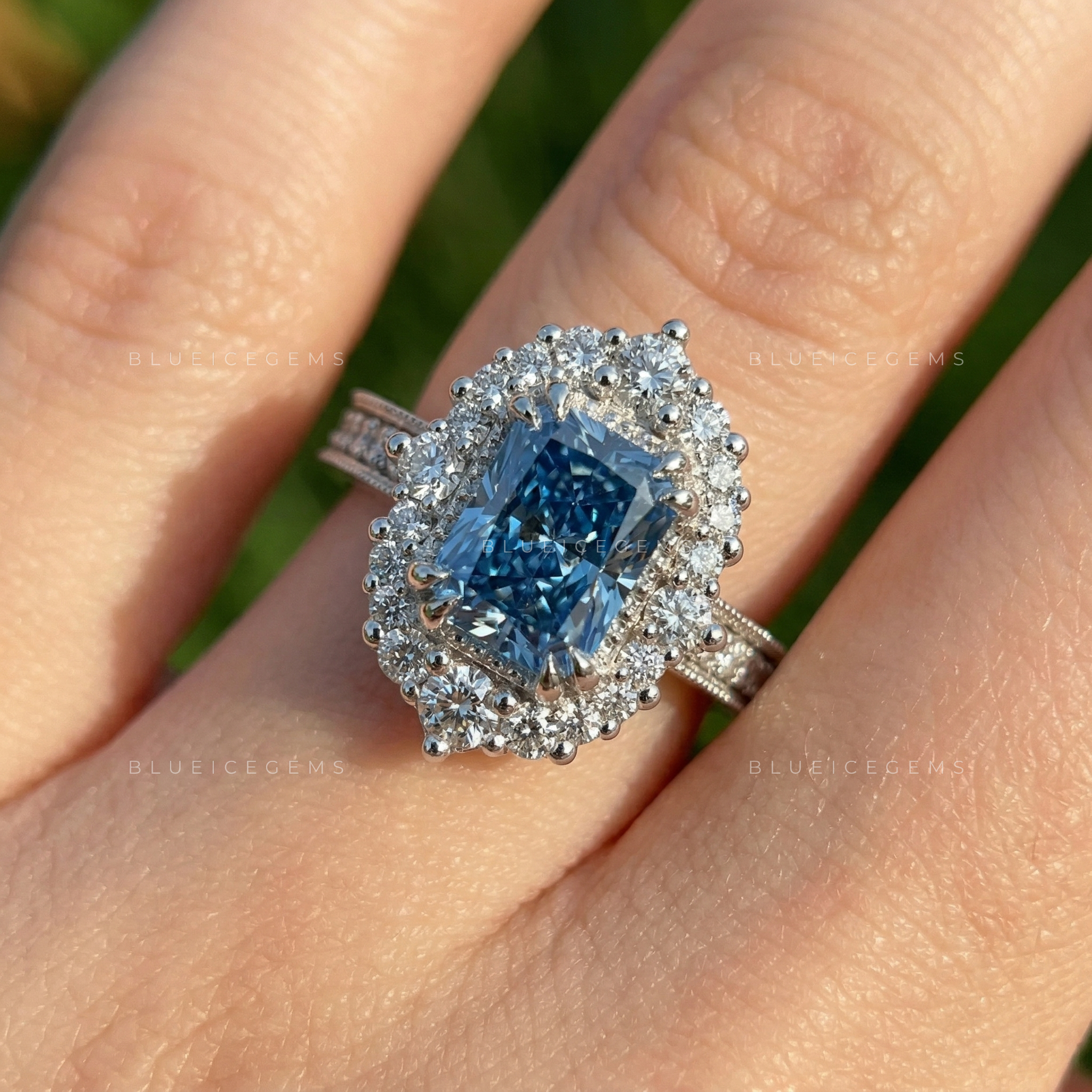 Oceanic Radiance Blue Radiant Cut Pavé Engagement Ring