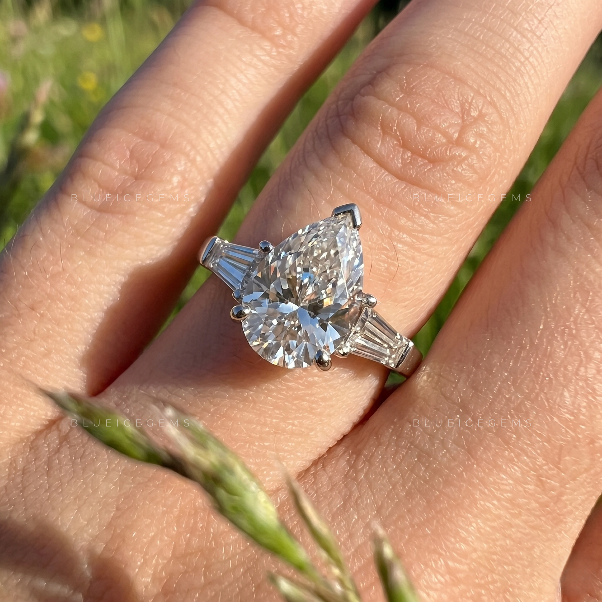 Elegant Trilogy Pear Cut with Tapered Baguette Side Stones Engagement Ring