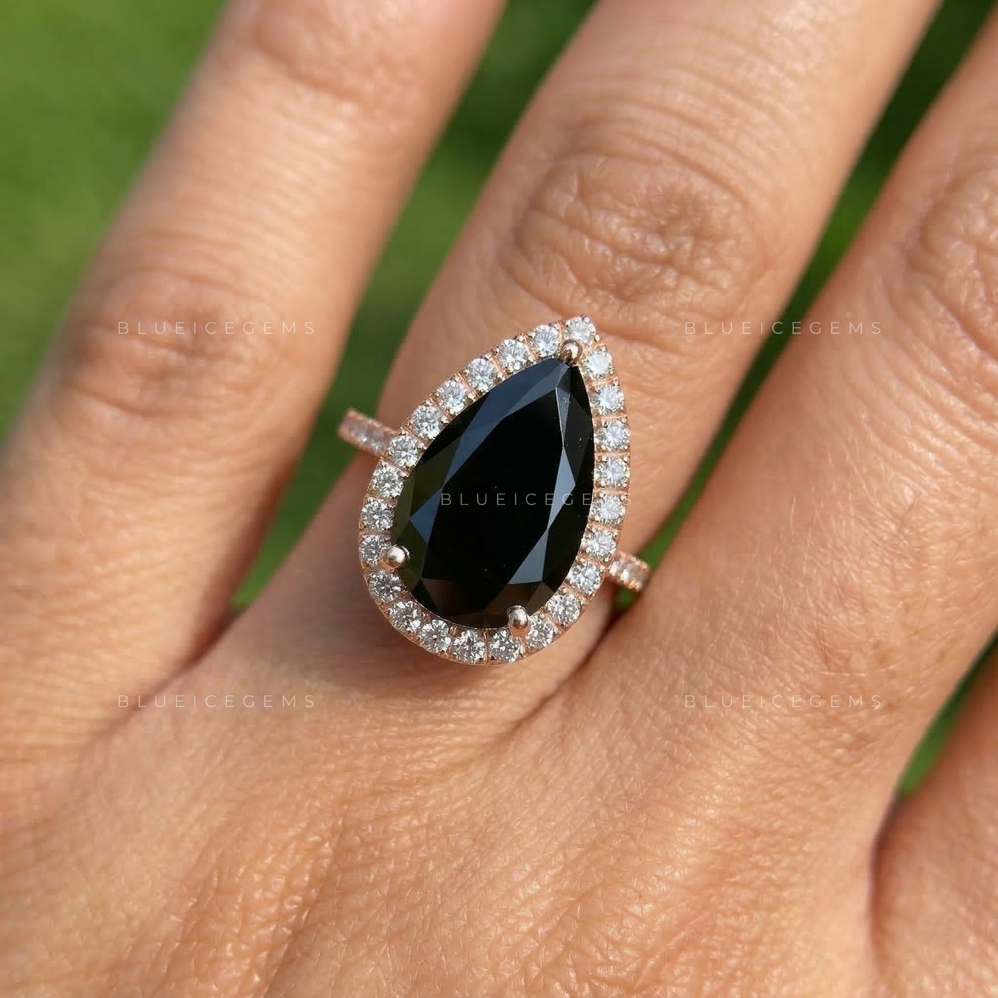 Midnight Velvet Pear Cut Black Moissanite Halo Ring