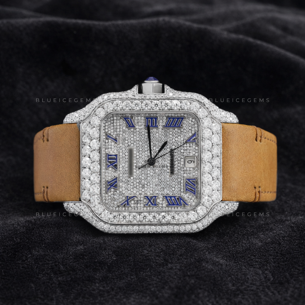 Royal Azure: Moissanite Fully Iced-Out Custom Roman Watch
