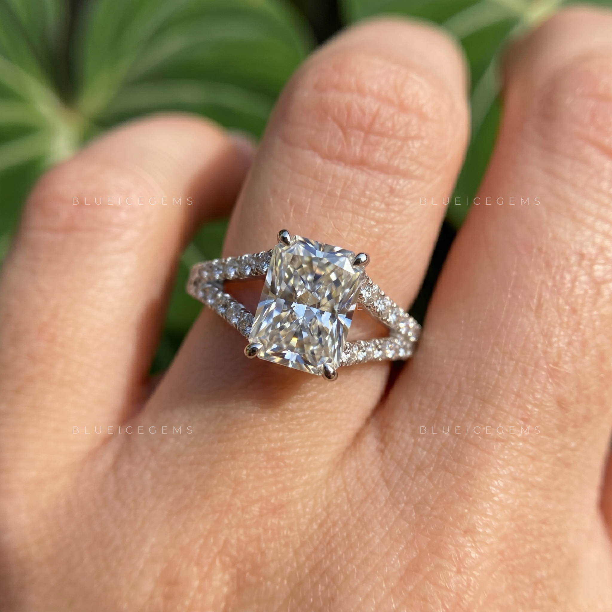 Architectural Grace Radiant Cut Split Shank Cathedral Engagement Ring