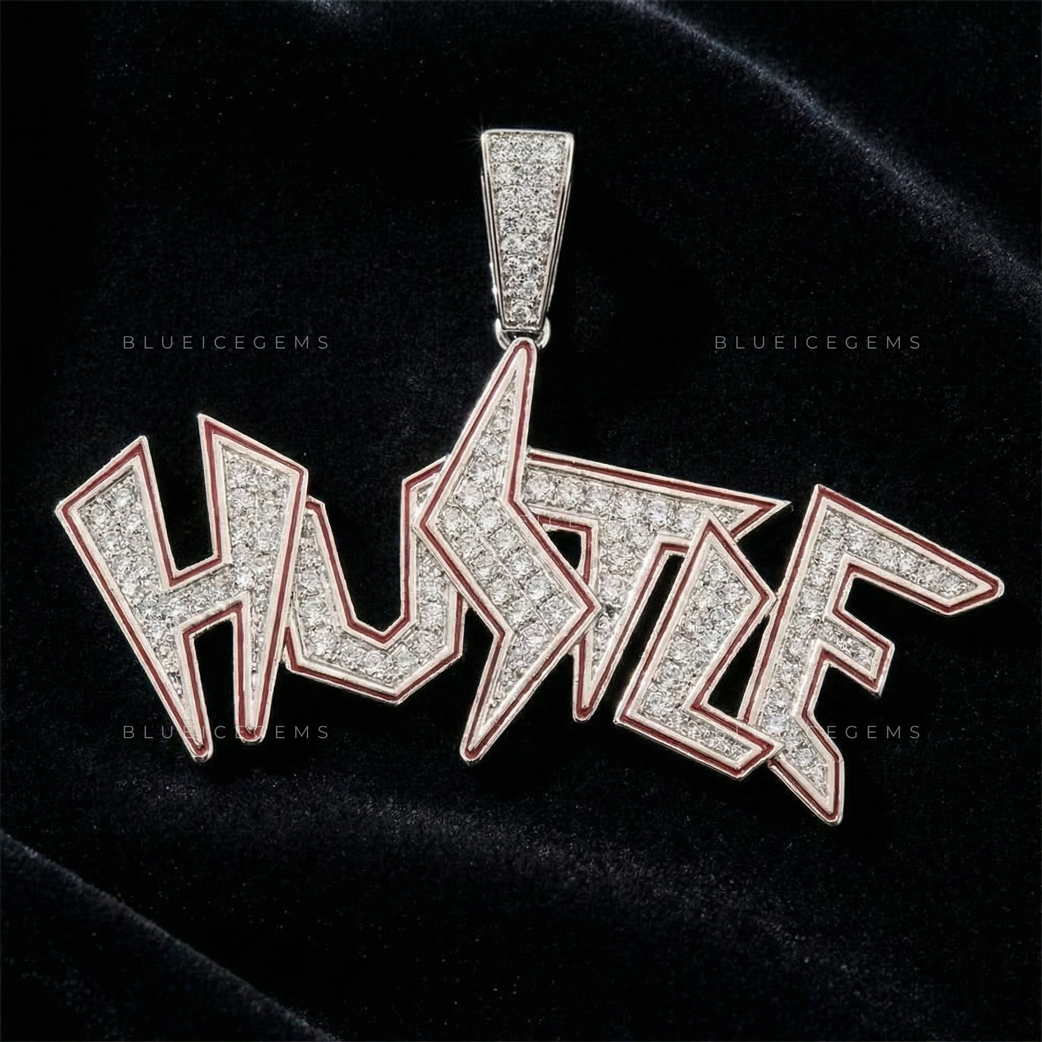 The "HUSTLE" High-Voltage: Jagged Lightning Script & Crimson Contour Pendant