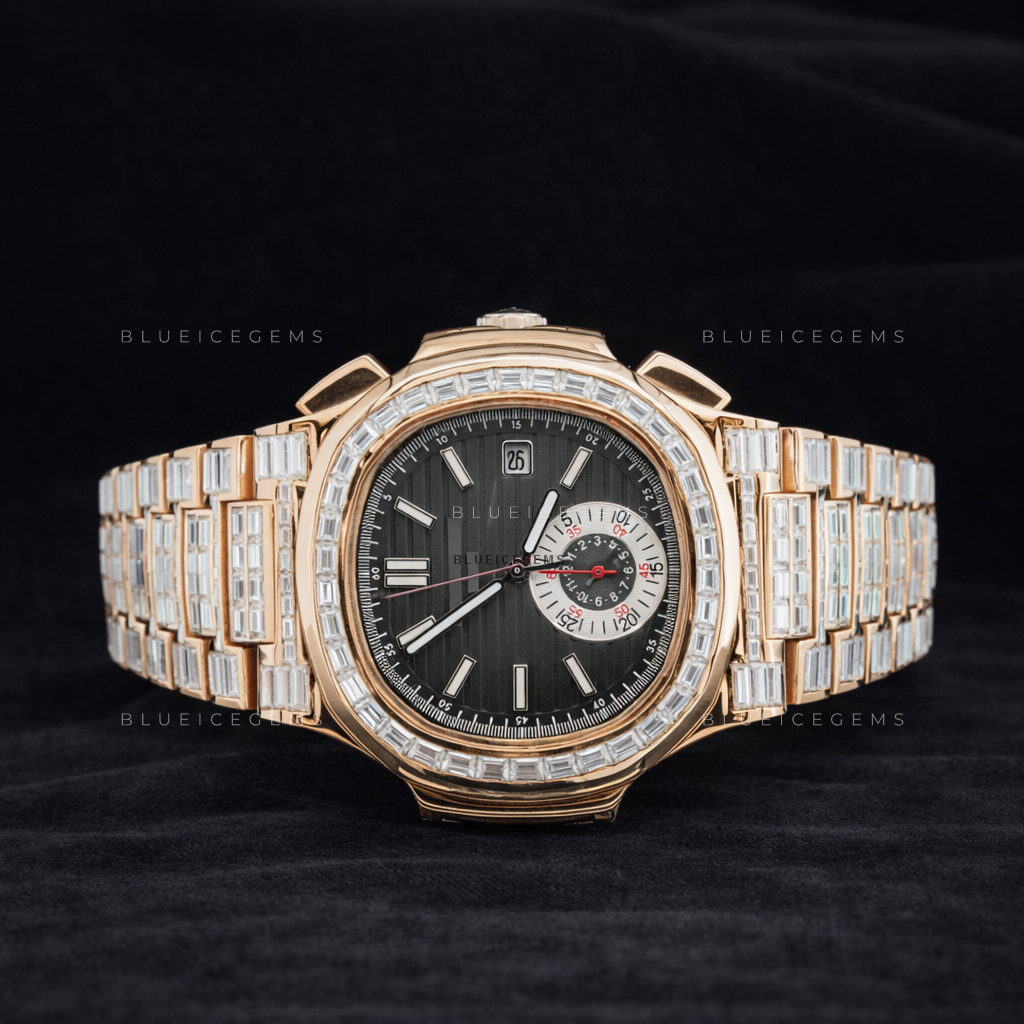 Rose Baguette Peak: Fully Iced-Out Custom Moissanite & Diamond Chronograph