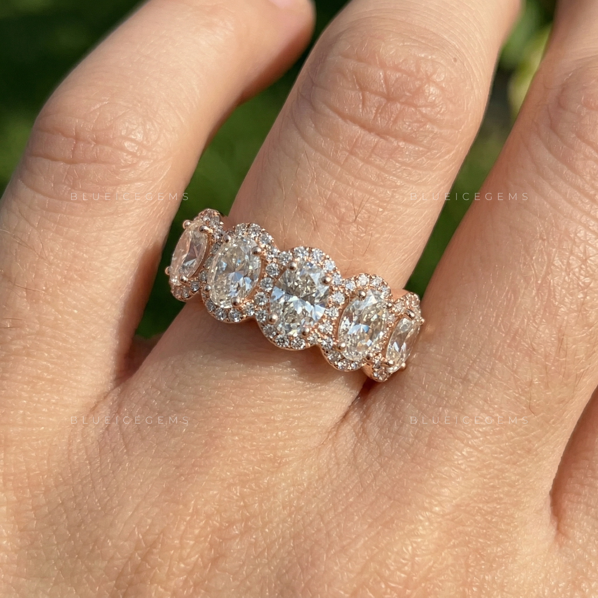 Radiant Oval Cut Halo Pave Wedding Band With Brilliant Accents