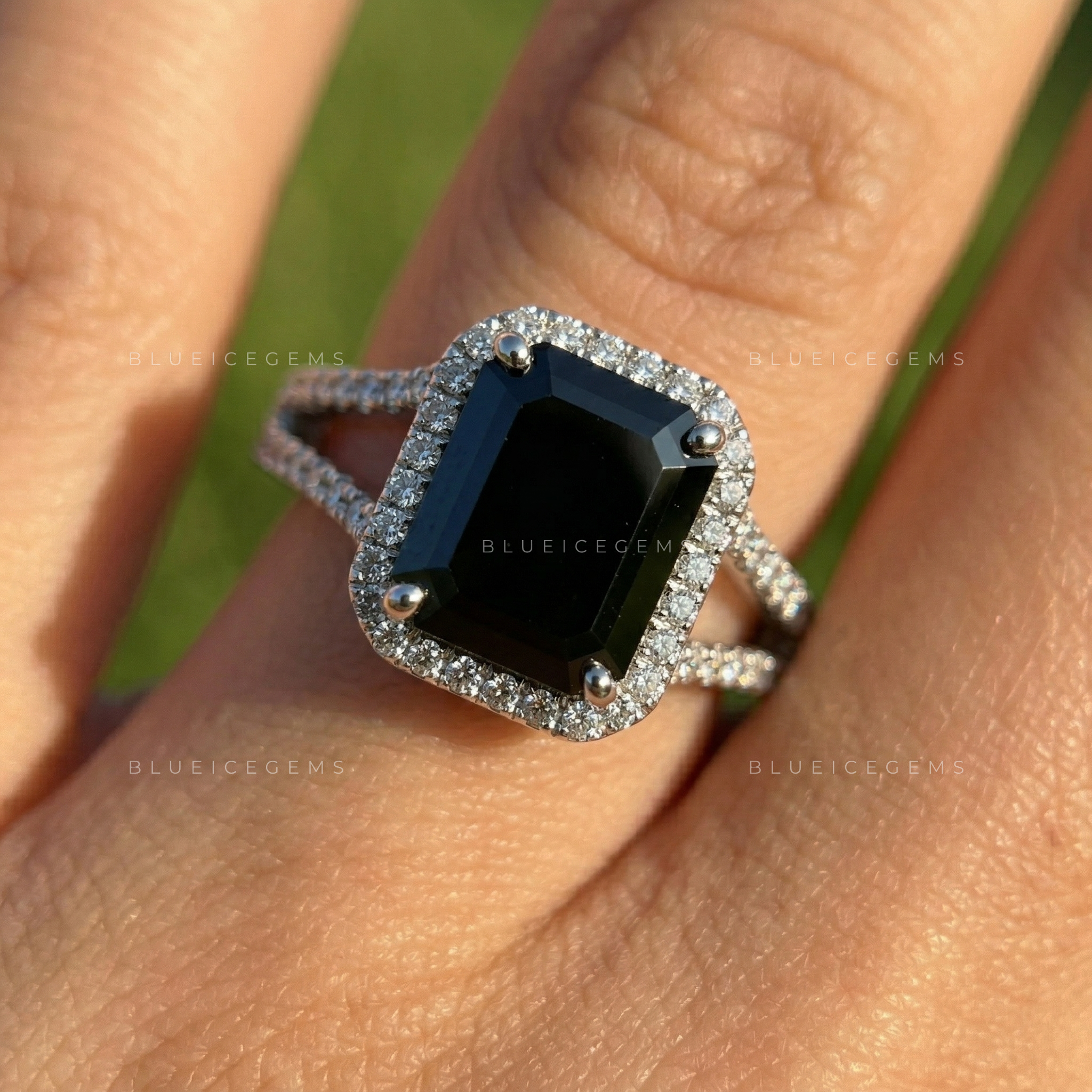 Architectural Noir Emerald Cut Black Diamond Pavé Engagement Ring