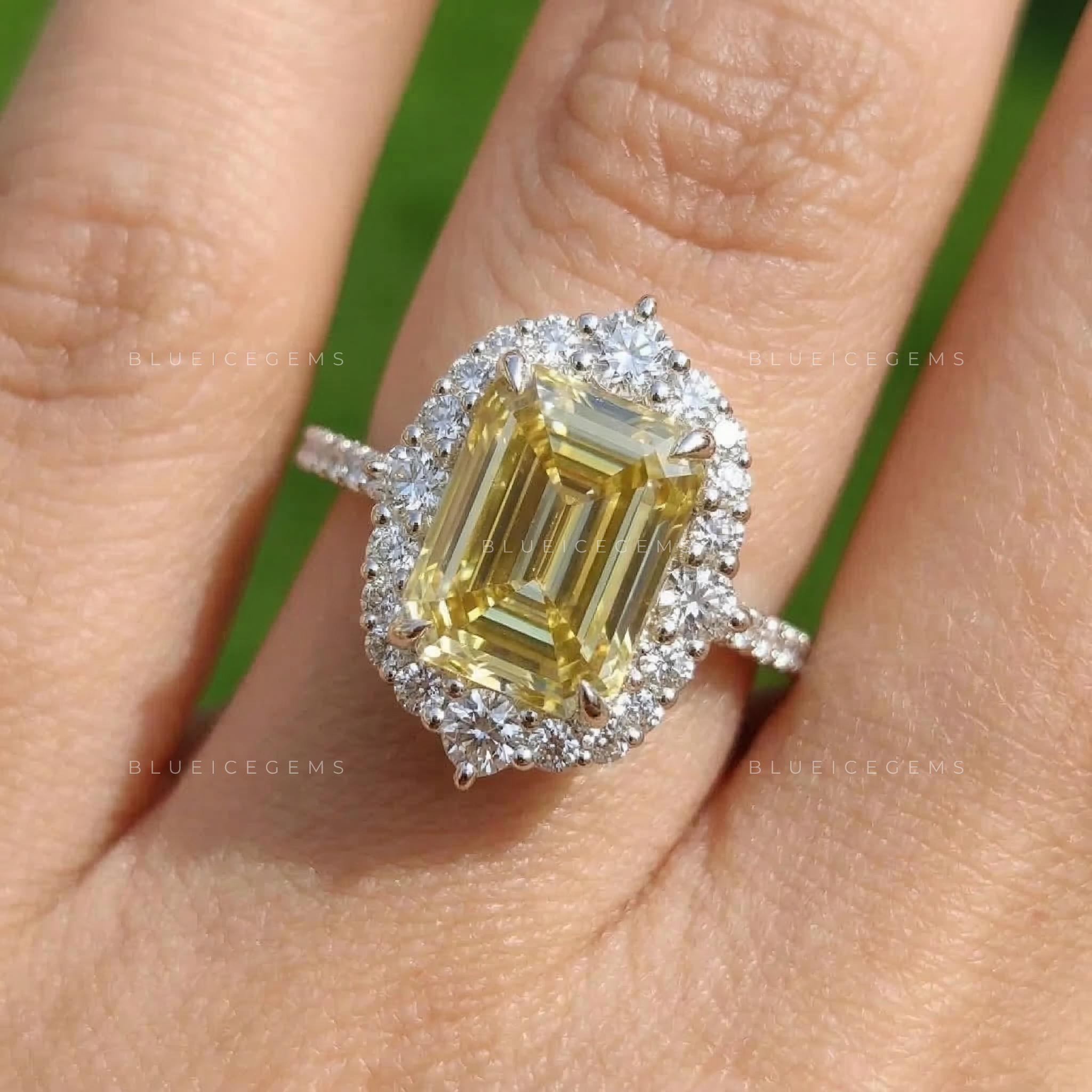 Gilded Majesty Canary Radiant Emerald Cut Halo Ring