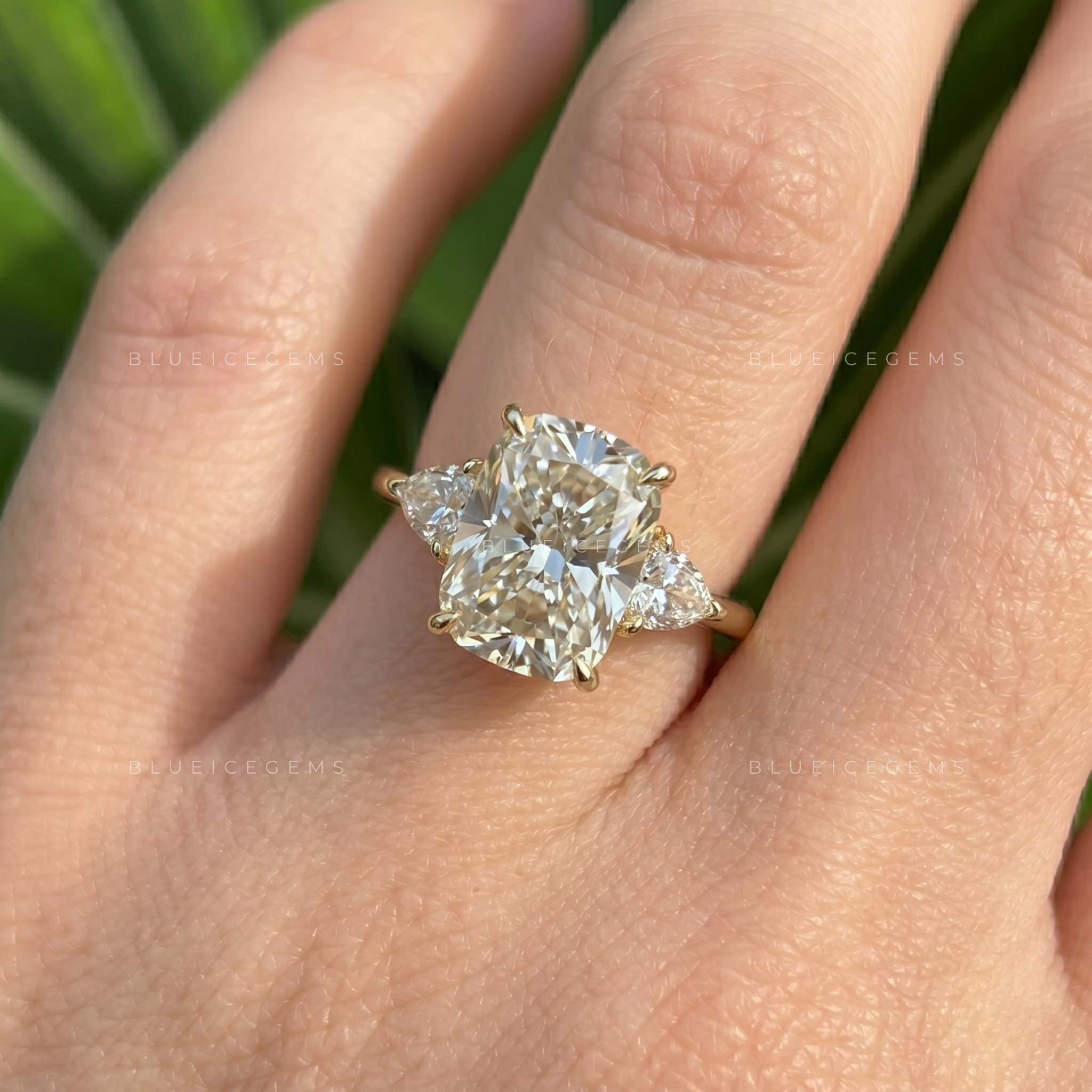 Radiant Symmetry Elongated Cushion Cut Trillion Three Stone Engagement Ring