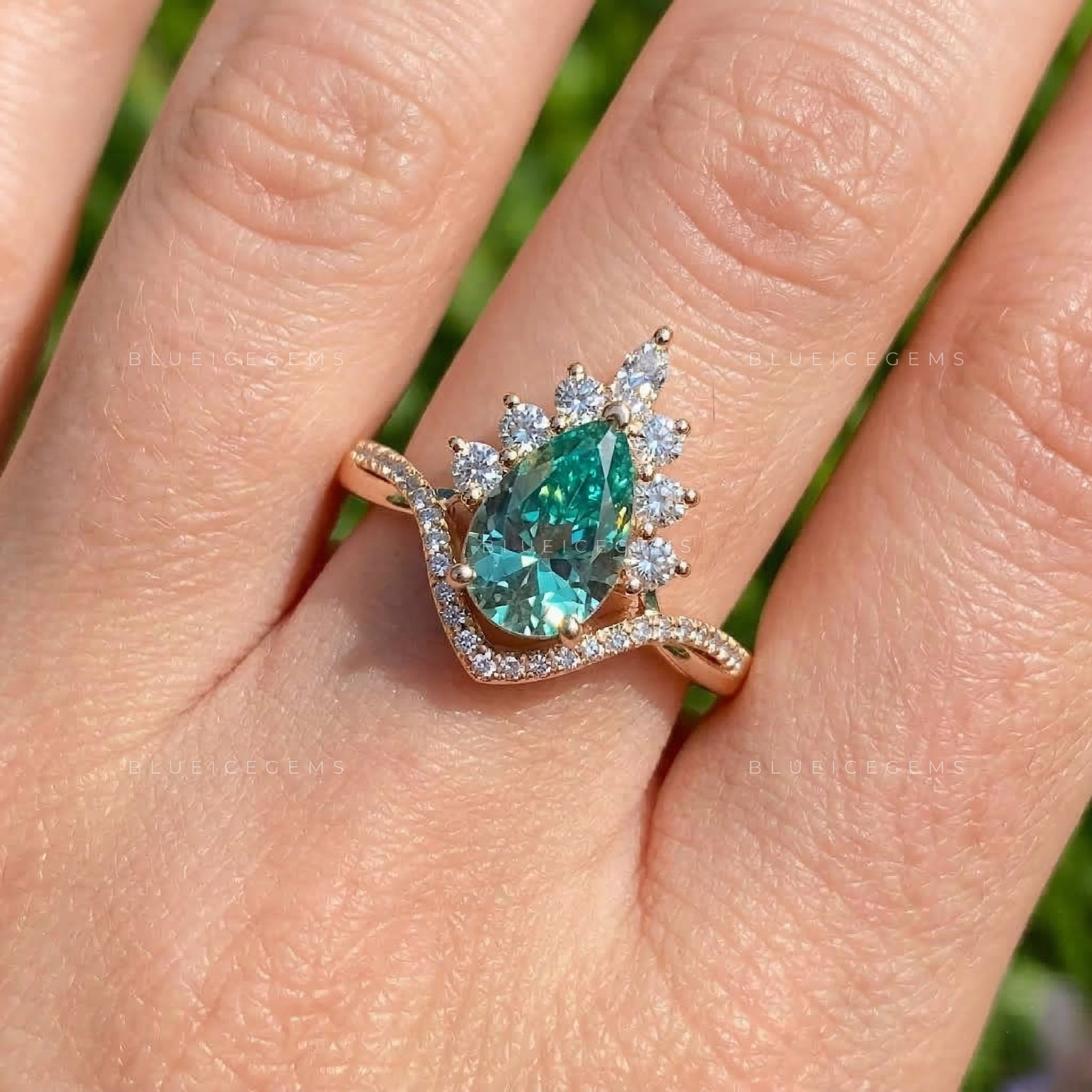 Azure Waters Pear Cut Cyan Blue Floral Ring