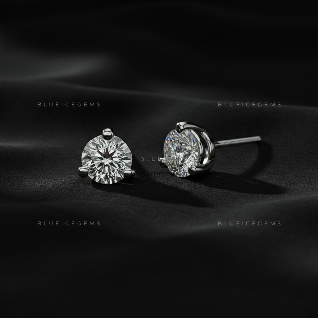 The Trinity Radiance: Three-Prong Round Diamond Stud Earrings