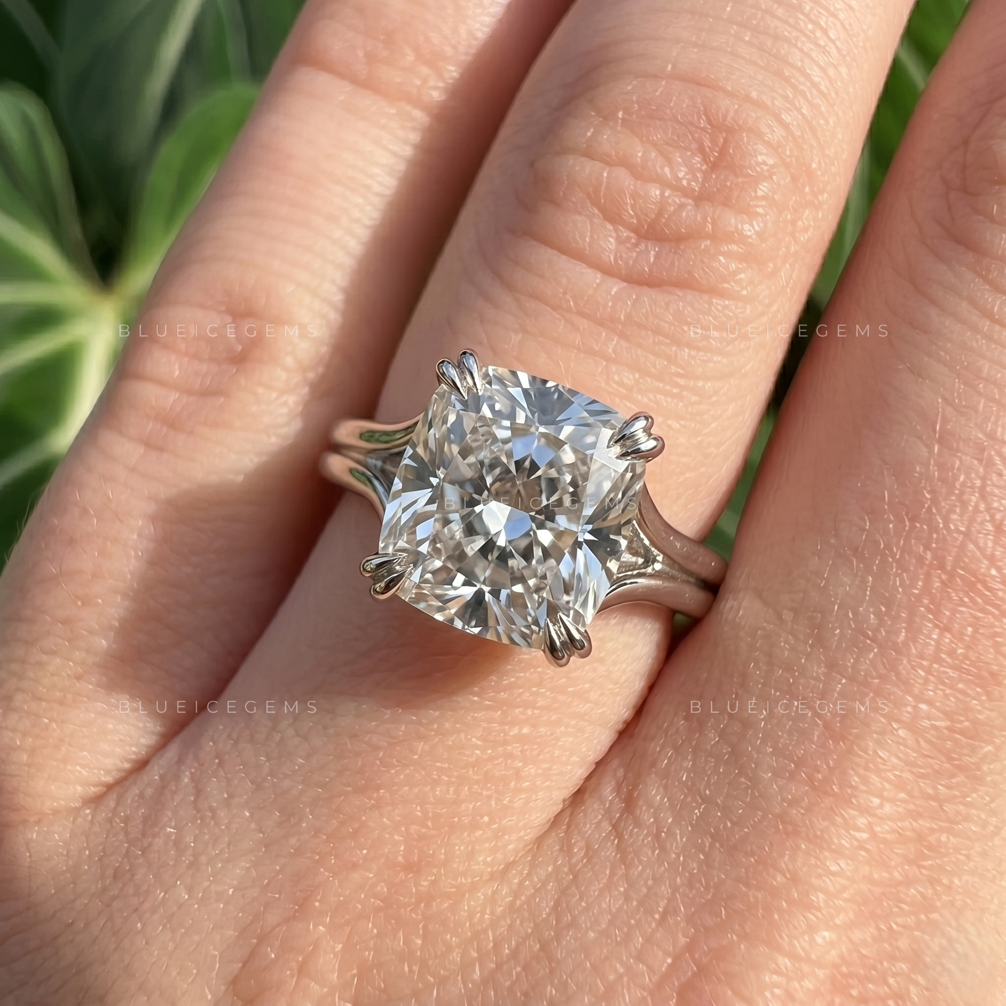 Velvet Radiance Cushion Cut Split Shank Trellis Engagement Ring