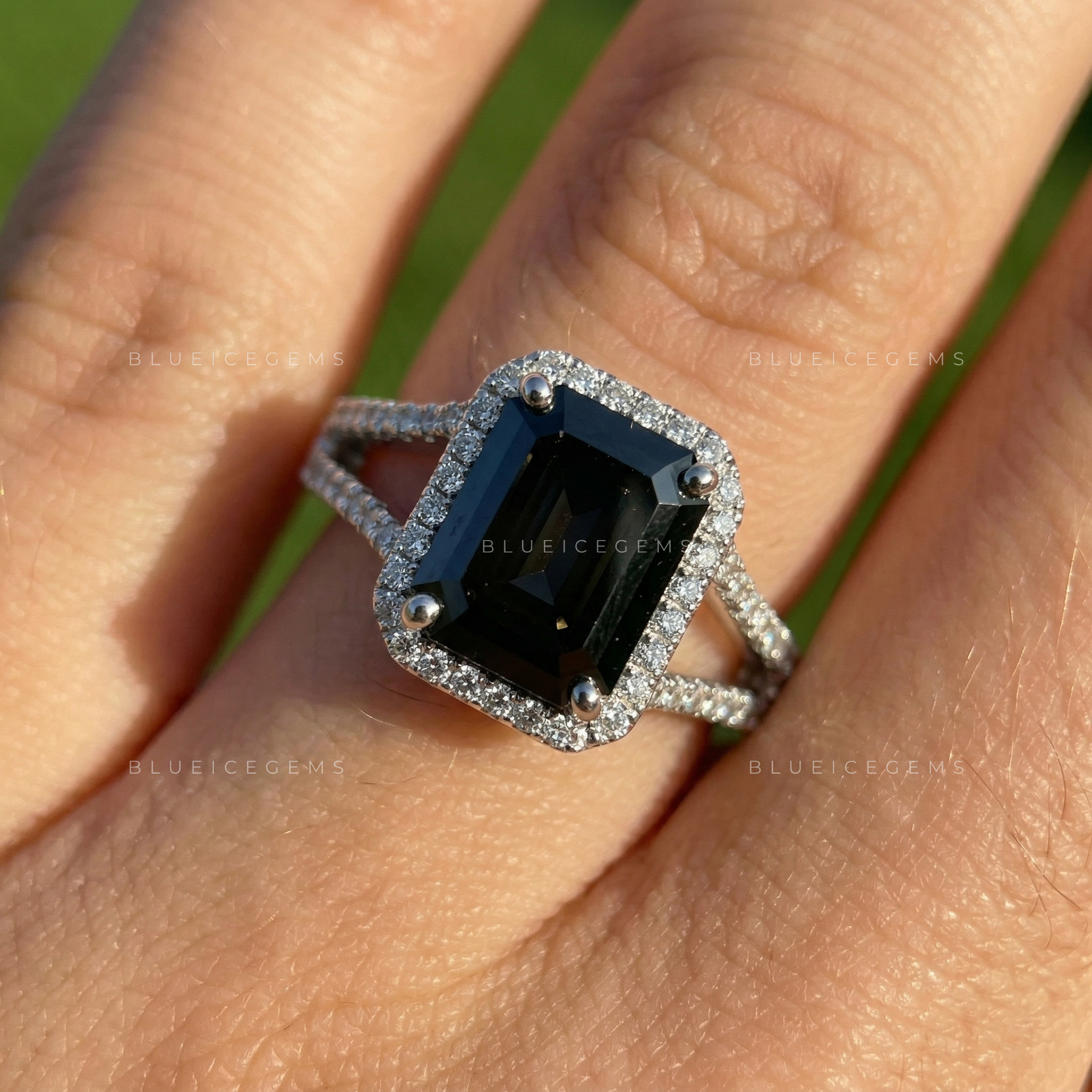 Midnight Noir Emerald Cut Black Diamond Halo Engagement Ring
