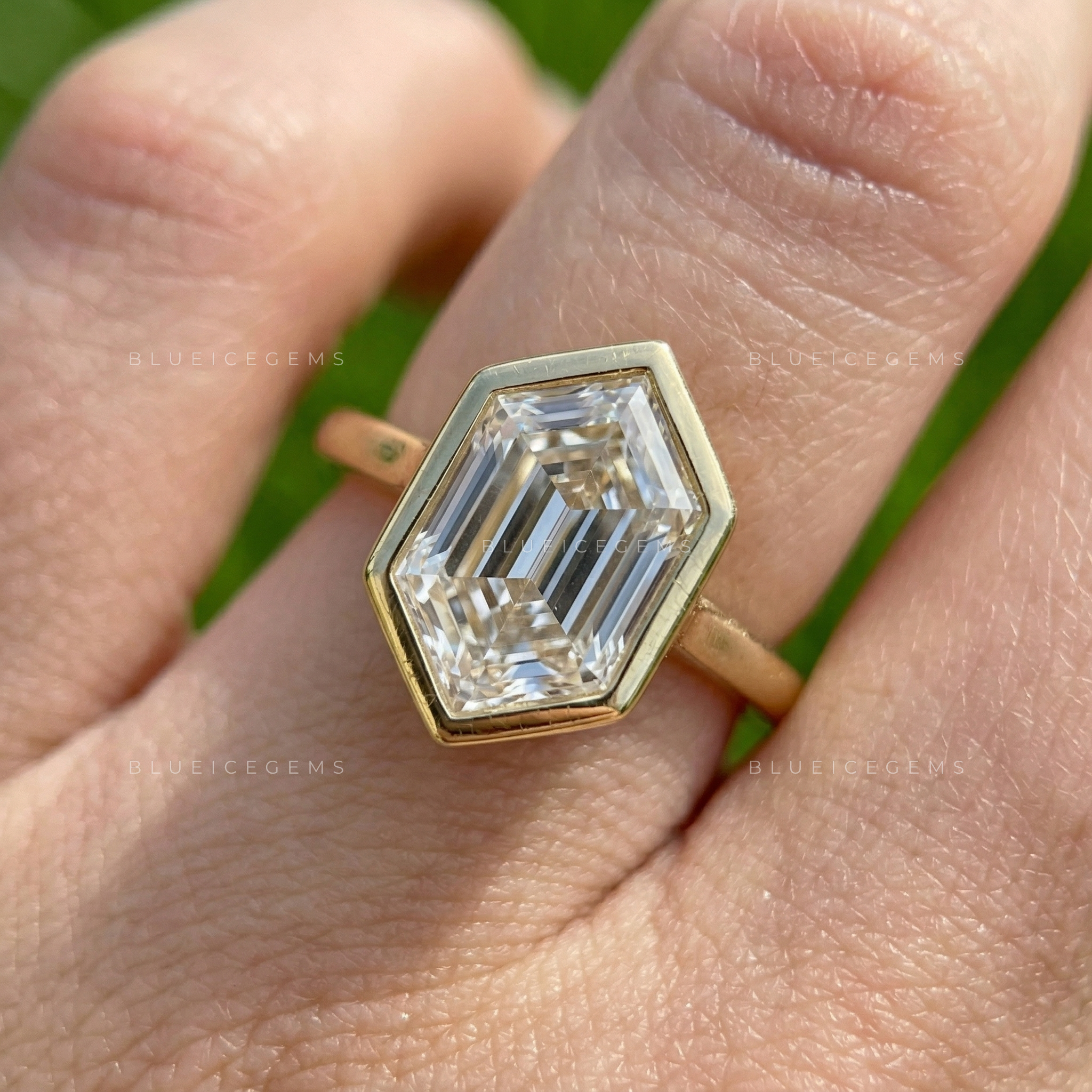 Geometric Hexagon Step Cut Bezel Set Cathedral Engagement Ring