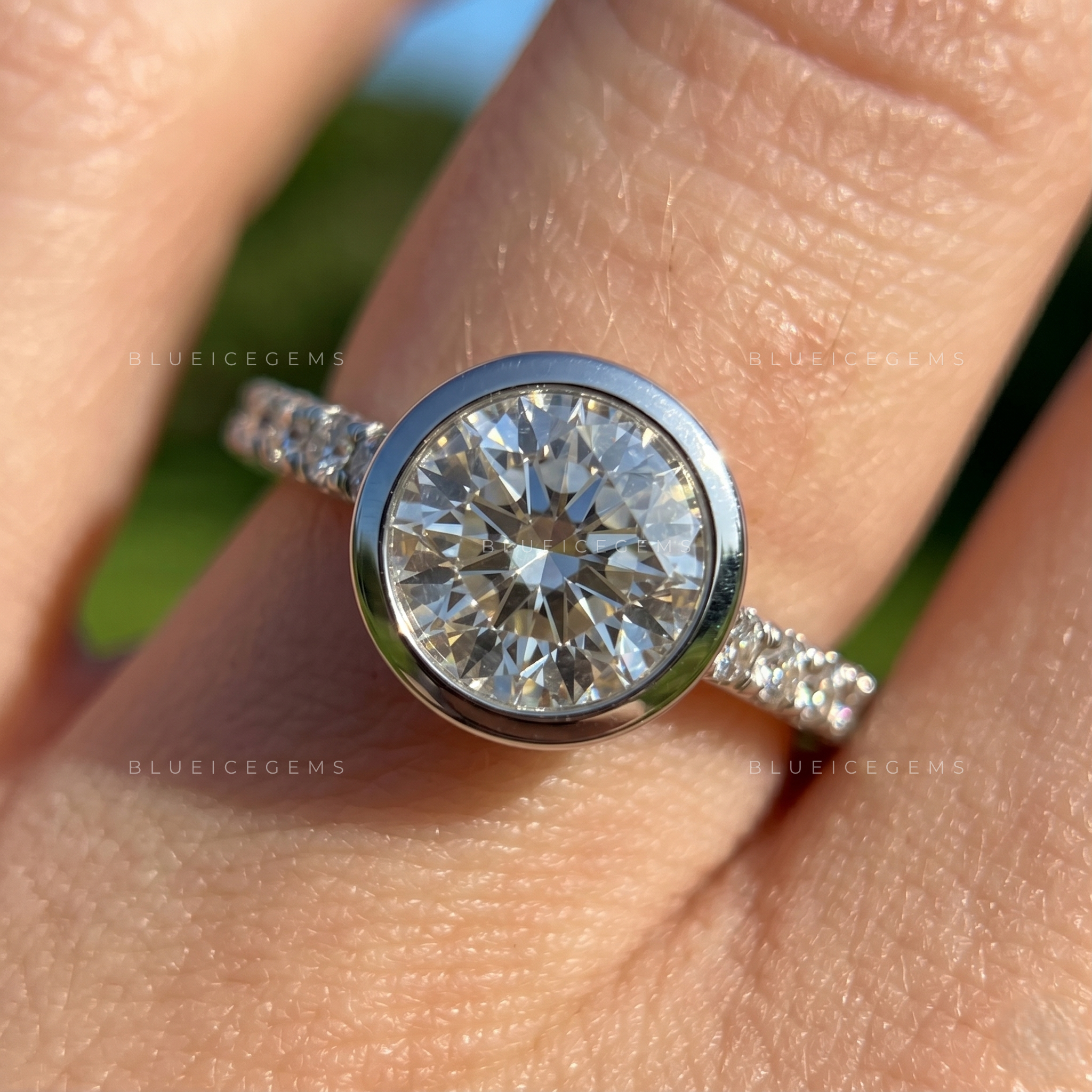 Modern Radiance Round Brilliant Cut Bezel Set Solitaire Accent Engagement Ring