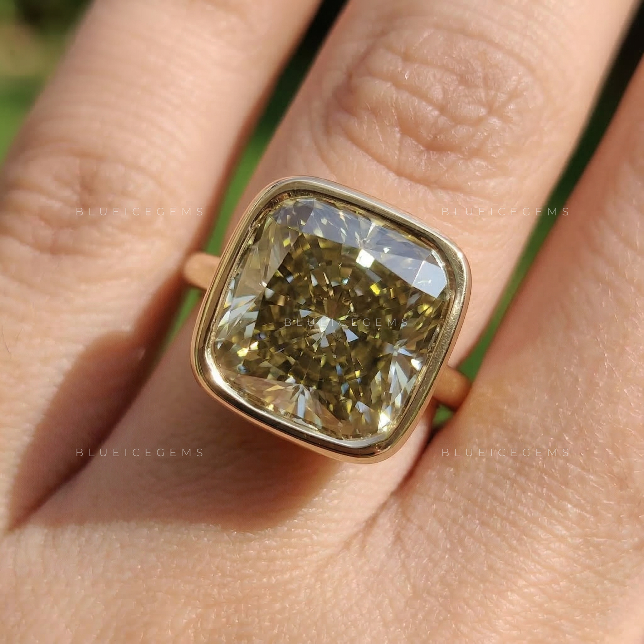 Golden Smoke Cushion Cut Bezel Set Solitaire Ring