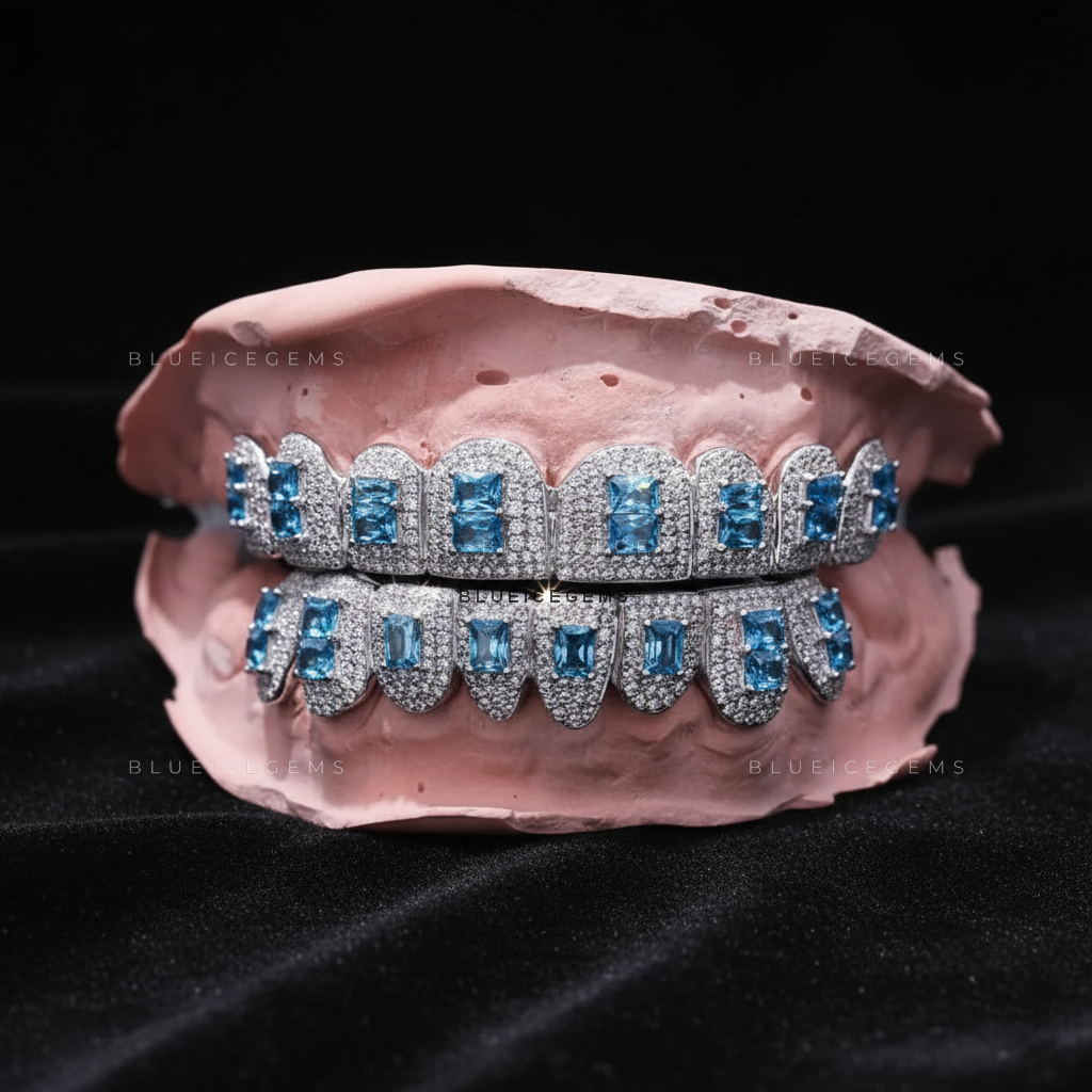 Oceanic Frost Aquamarine Shield Full-Set Grillz