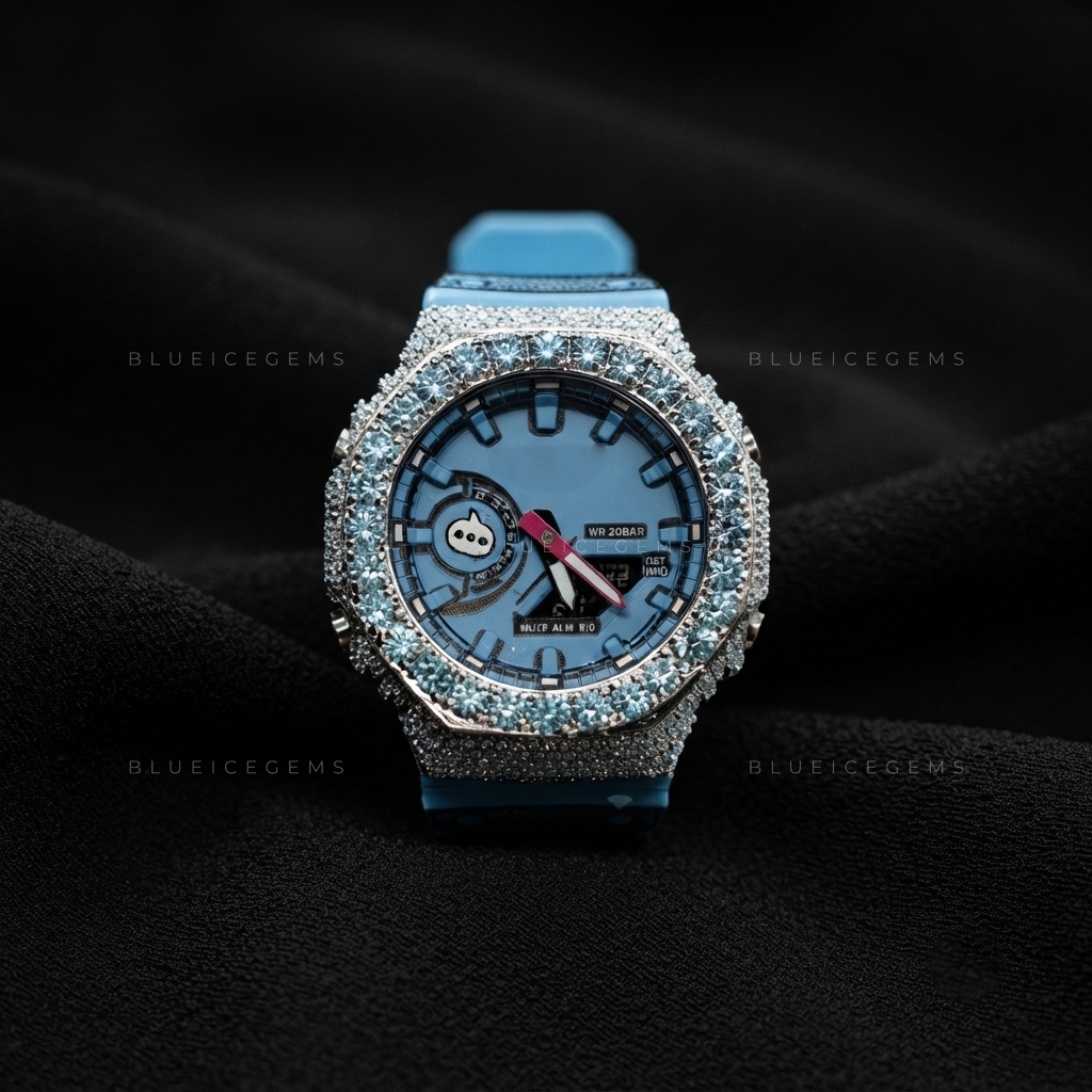 Blue Glacier Prestige Watch – Aqua Blue CZ & White Moissanite