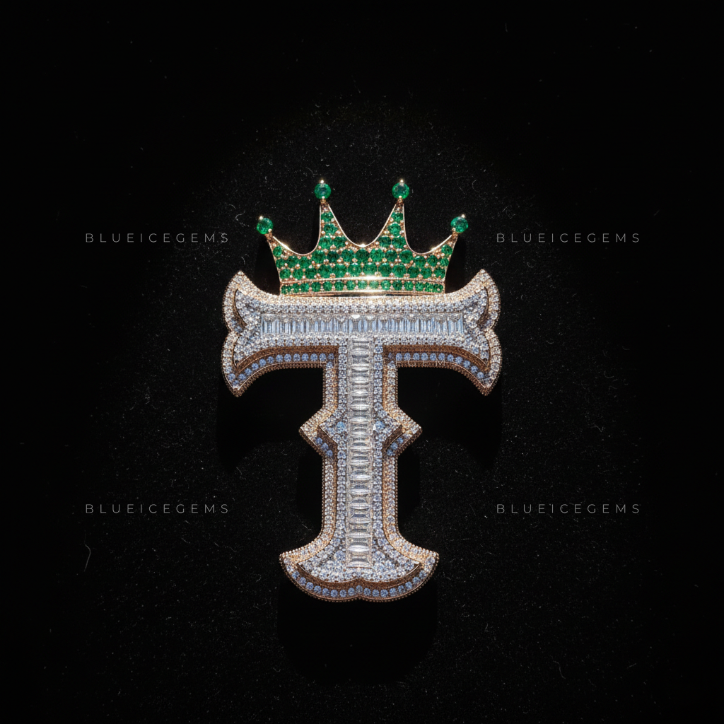The "T" Royal Emerald: Baguette-Fusion Gothic Script & Emerald-Encrusted Crown
