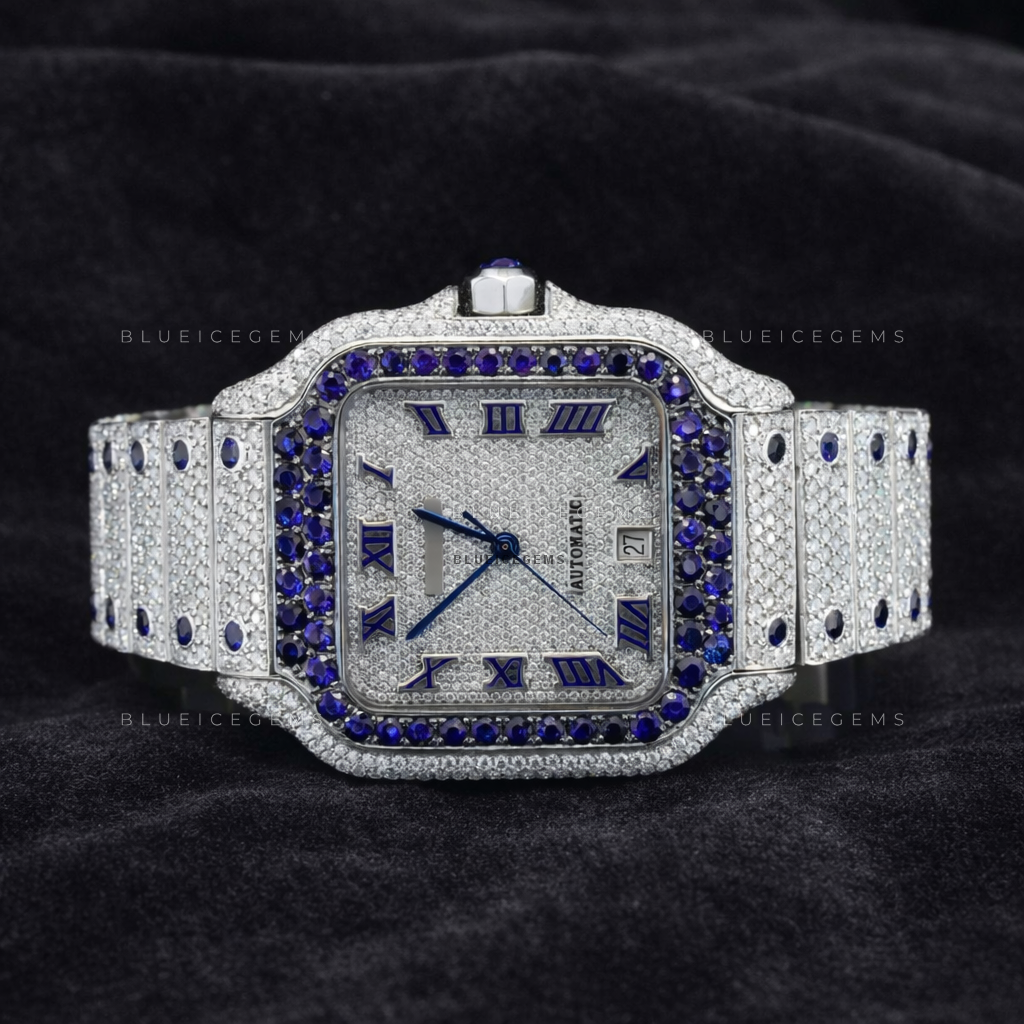Midnight Sapphire: Fully Iced-Out Custom Moissanite & Diamond Watch