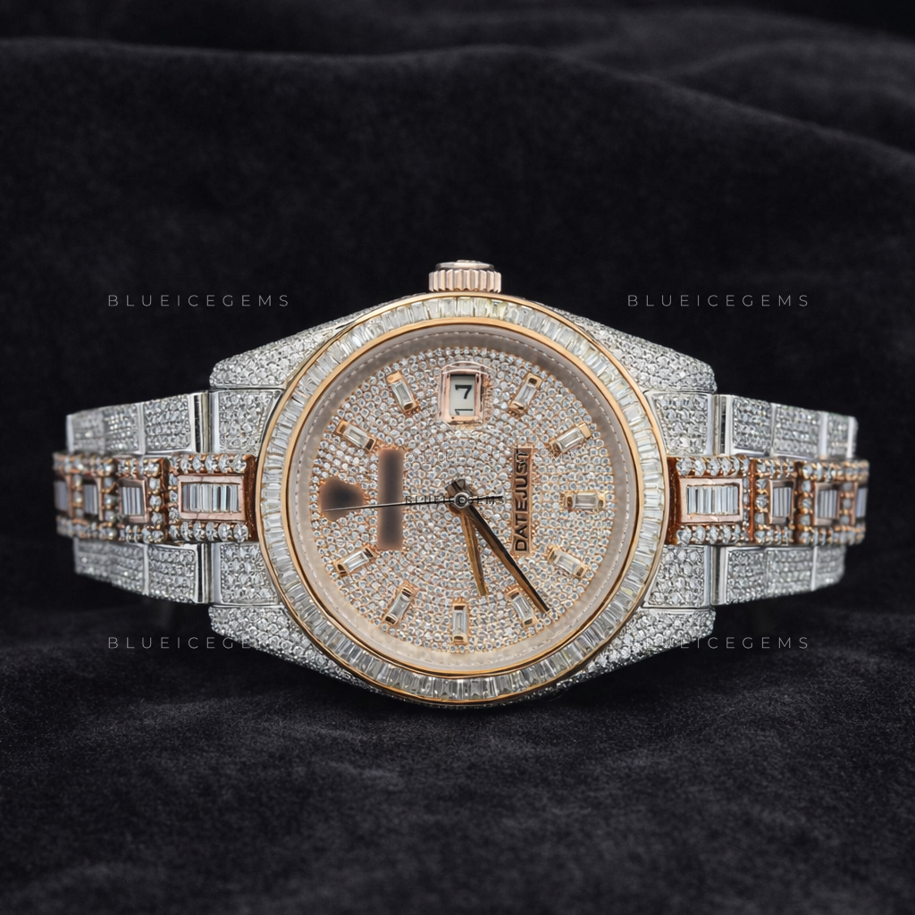 Rose Glimmer: Two-Tone Iced-Out Custom Moissanite & Diamond Watch