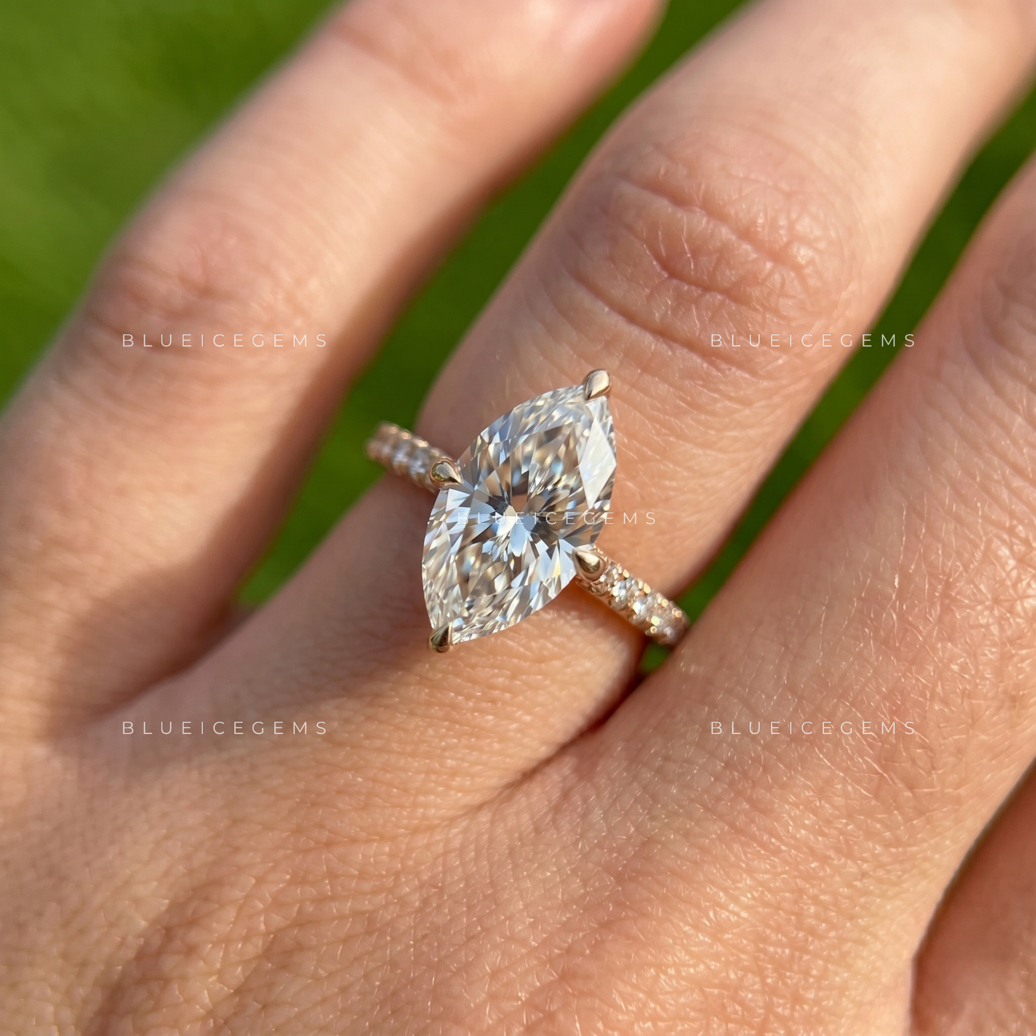 East-West Marquise Cut Cathedral Hidden Halo Engagement Ring