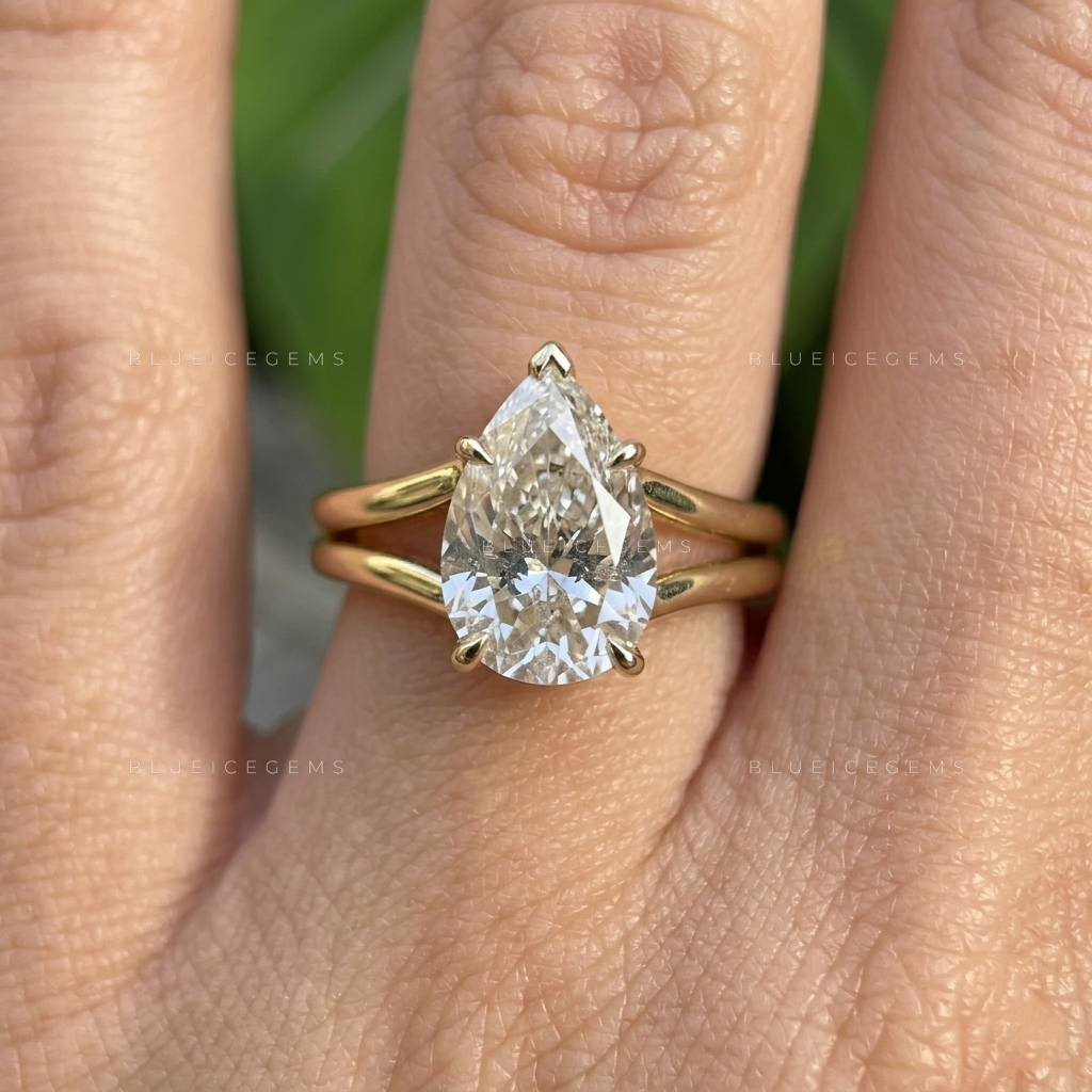 Pear Cut Split Band Hidden Halo Solitaire Engagement Ring