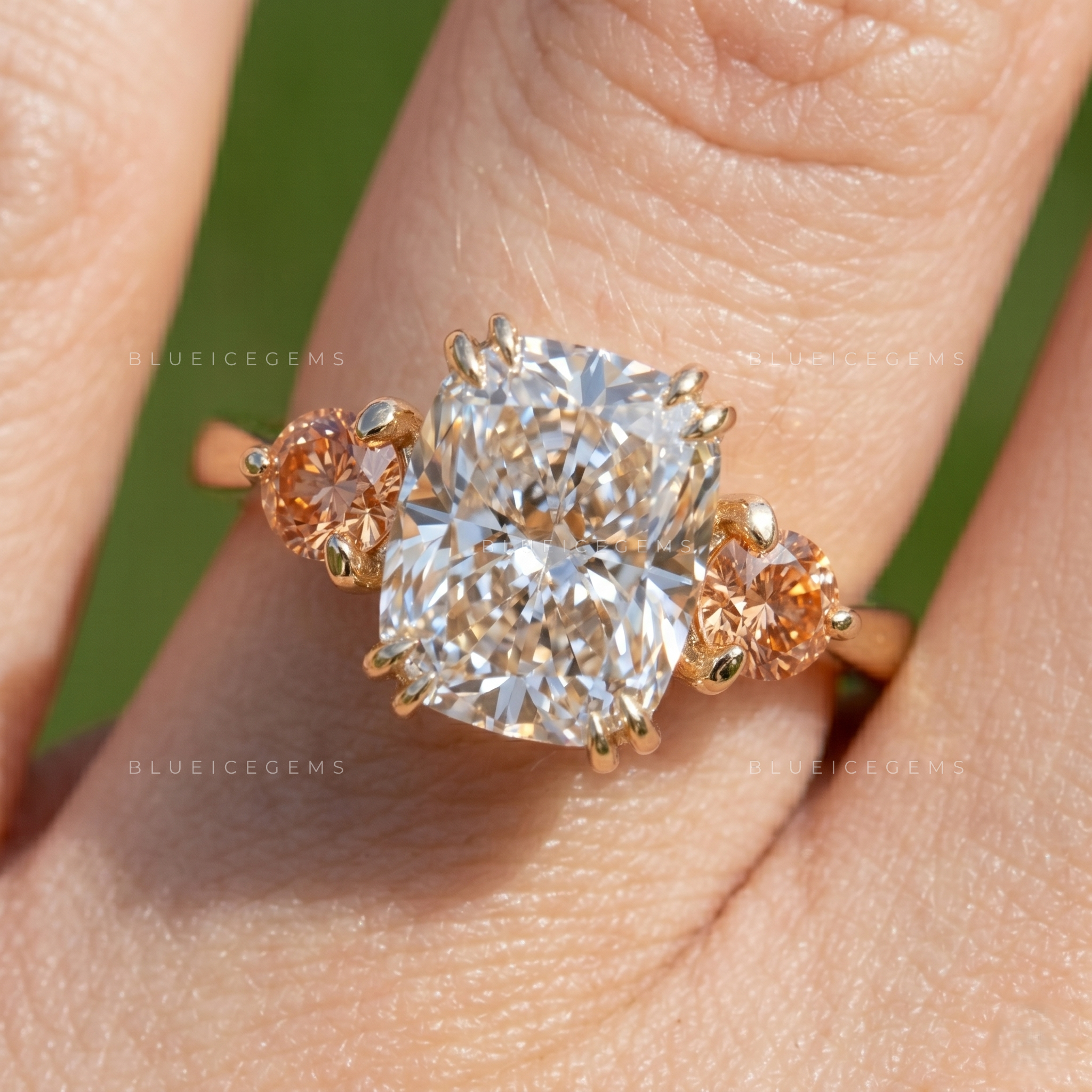 Enchanted Romance Cushion Cut Trilogy Side Peach Morganite Engagement Ring