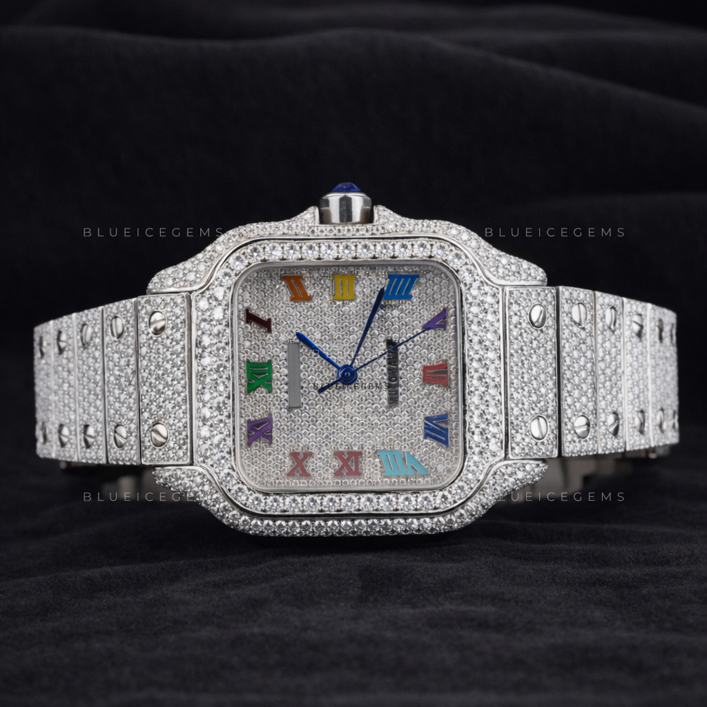 Celestial Prism: Fully Iced-Out Custom Rainbow Roman Watch