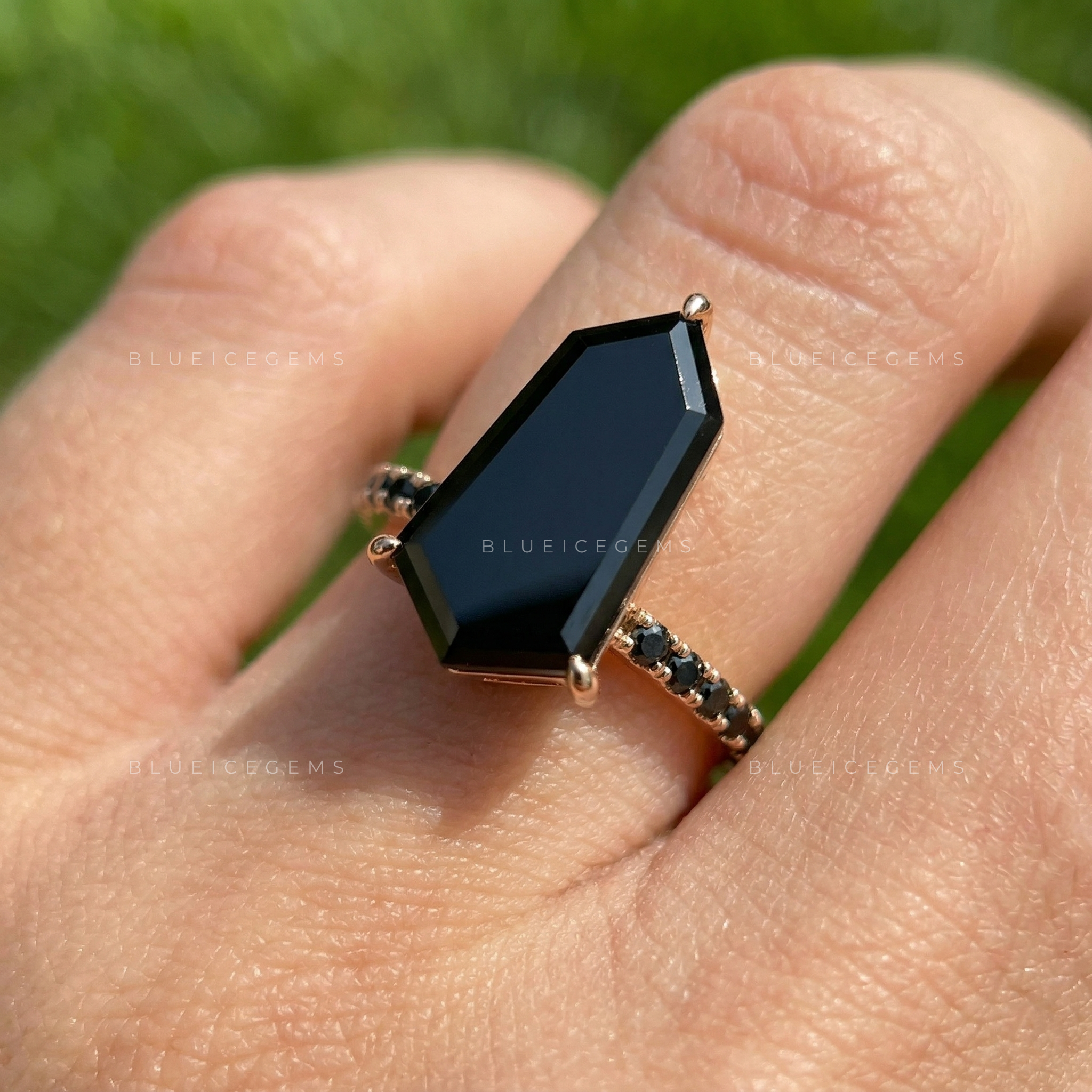 Modern Noir Shield Cut Black Diamond Halo Engagement Ring