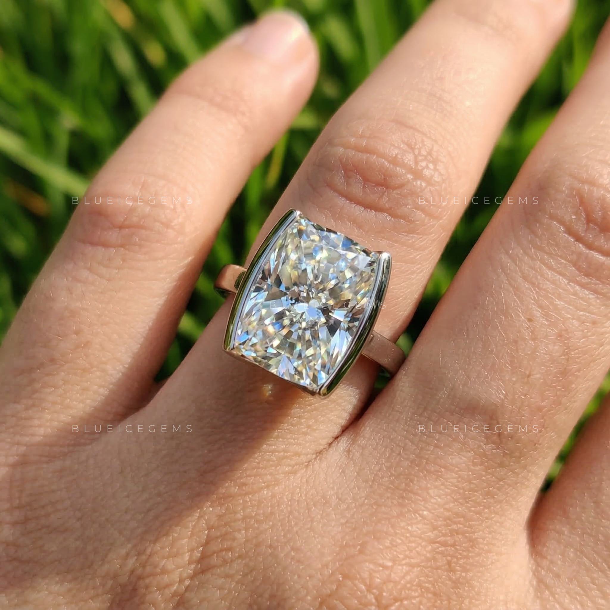 Divine Elongated Cushion Half Bezel Solitaire Statement Ring