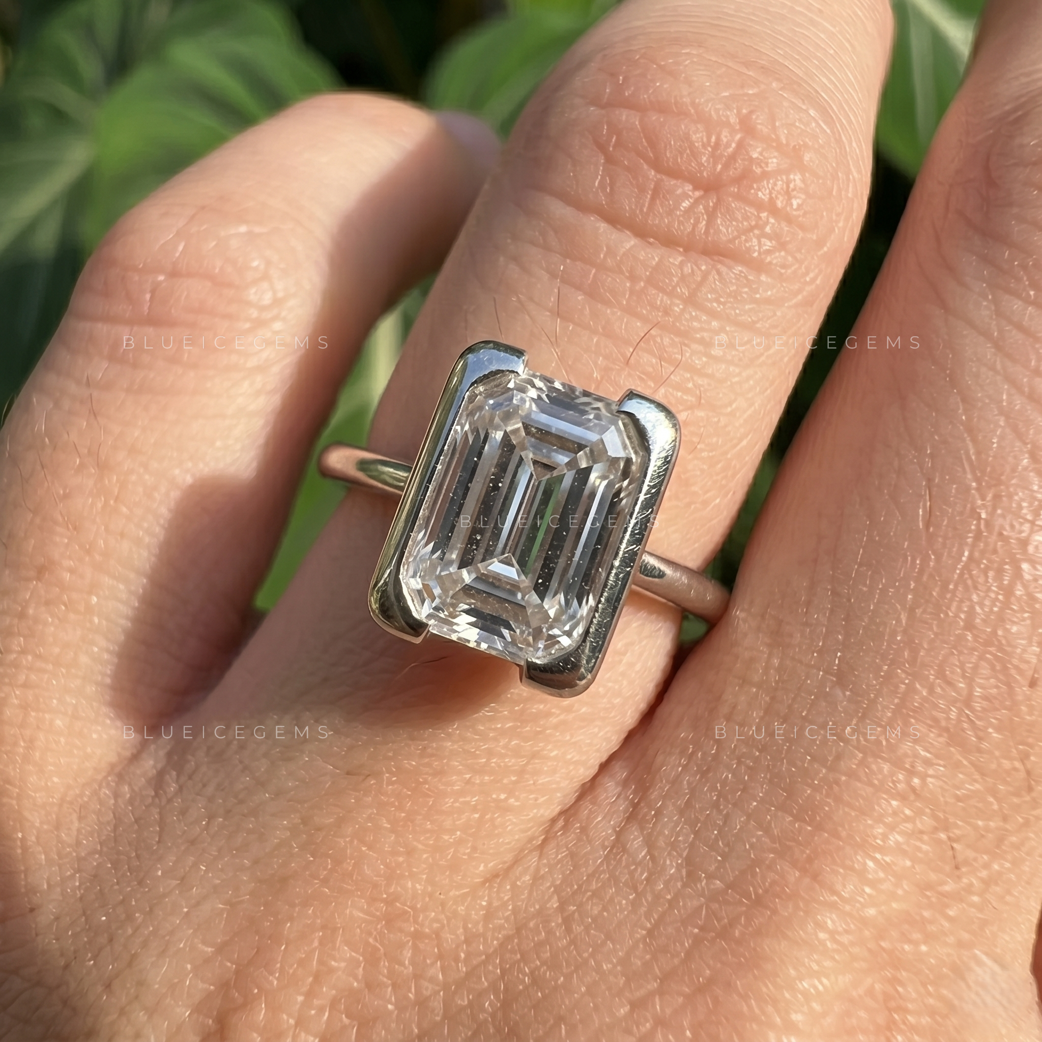 Modern Minimalist Emerald Cut Half Bezel Solitaire Engagement Ring