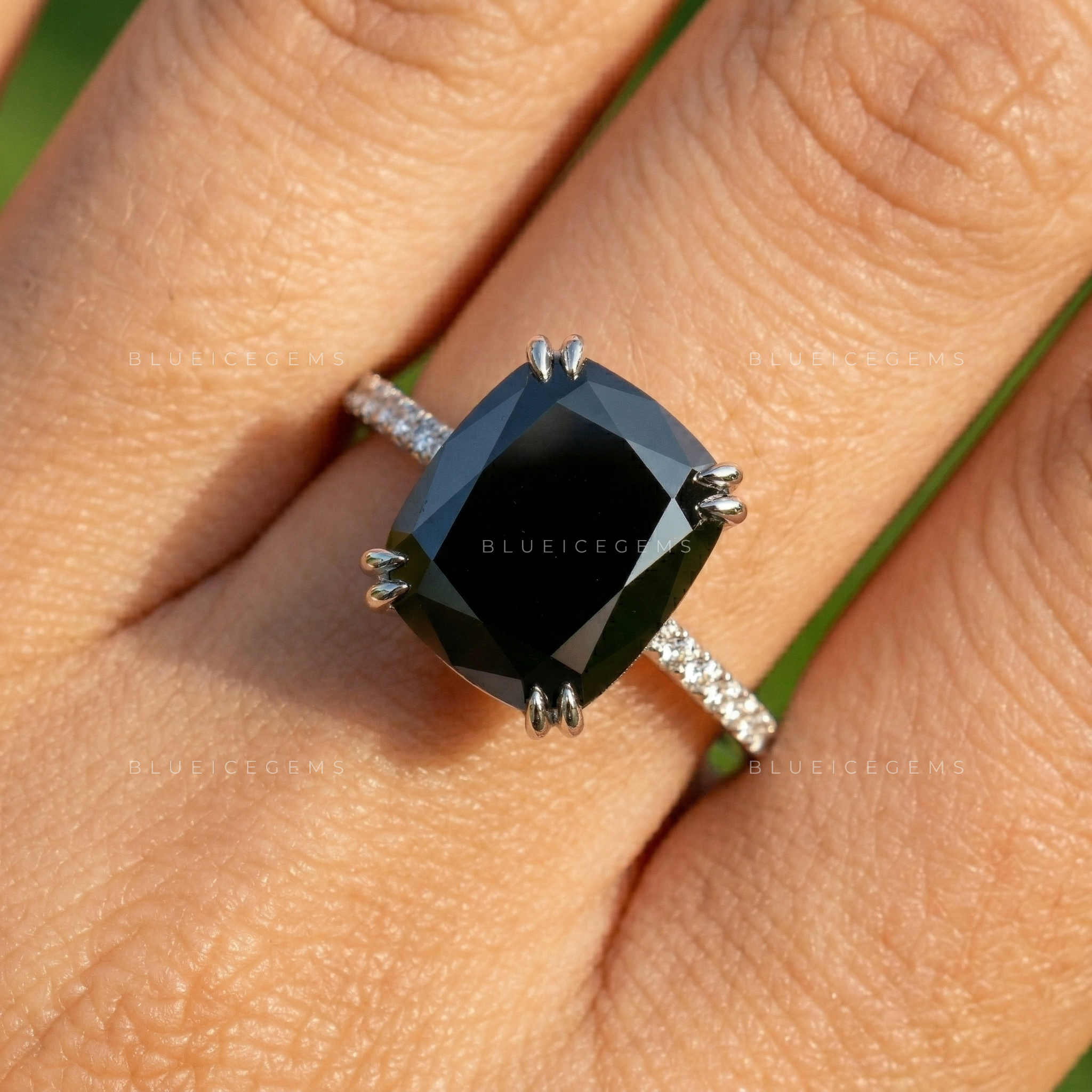 Modern Noir Cushion Cut Black Moissanite Hidden Halo Ring