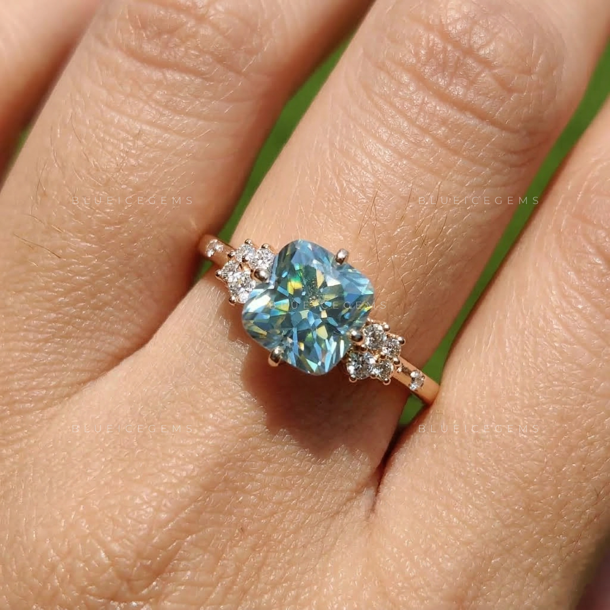 Cerulean Radiance Cushion Rensu Cut Pavé Ring