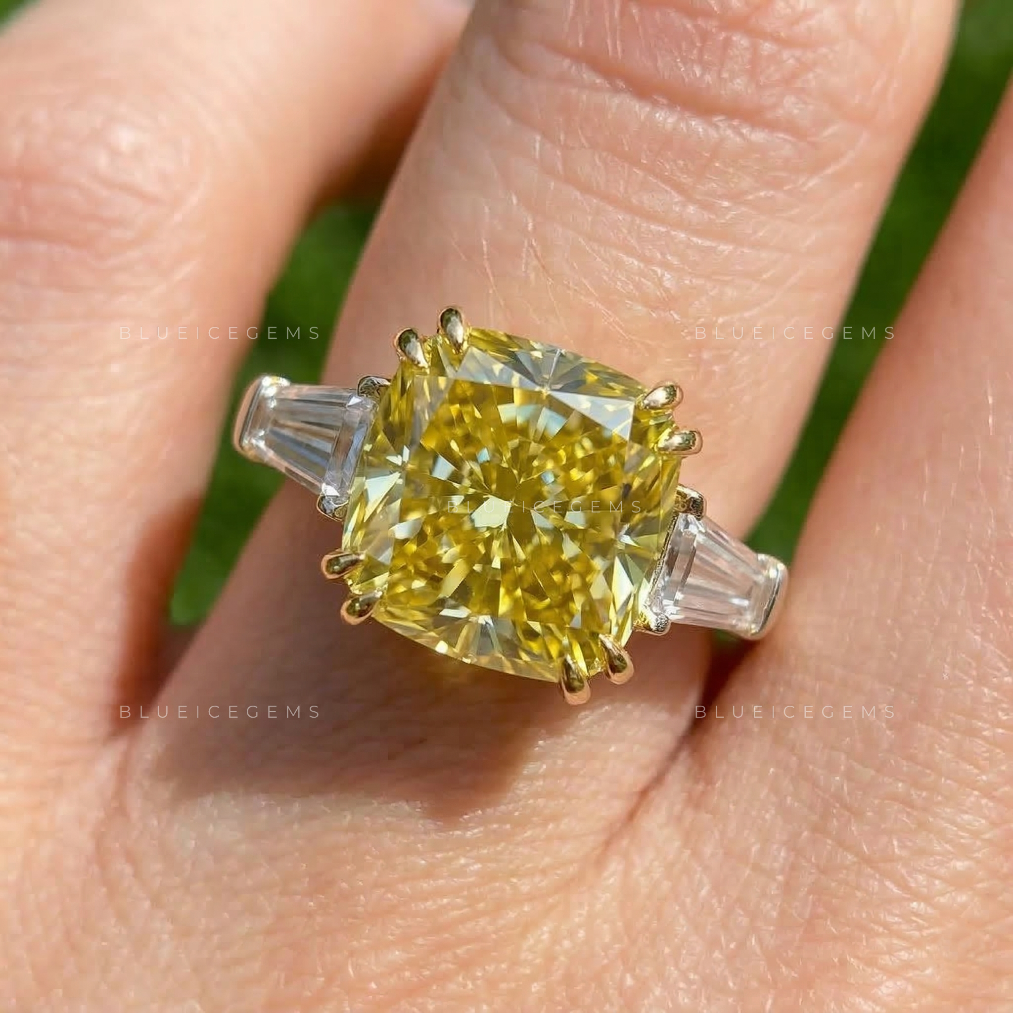 Radiant Canary Cushion Cut Three-Stone Ring