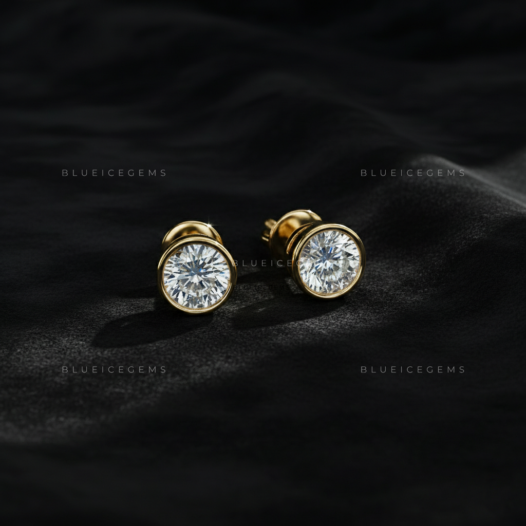 The Golden Aura: Bezel-Set Round Diamond Stud Earrings