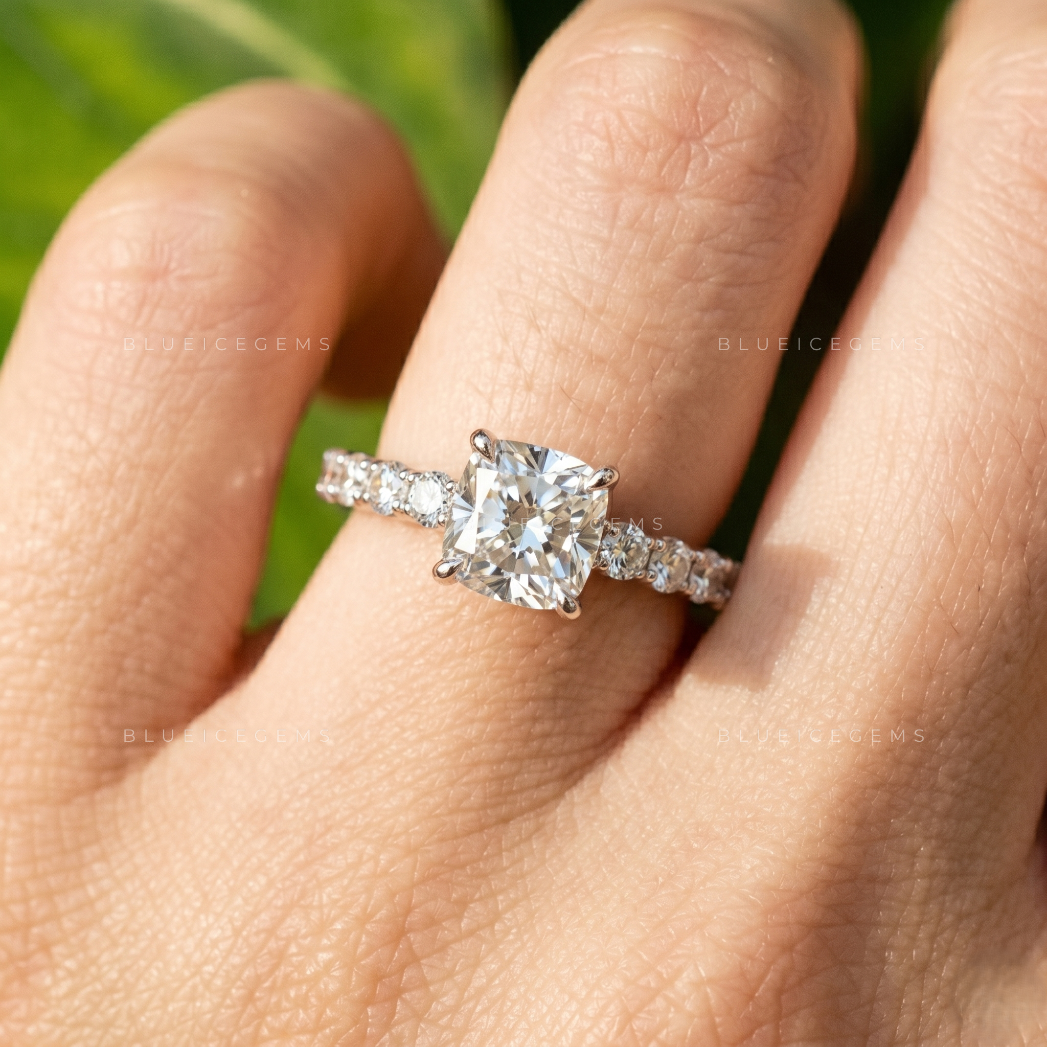 Elegance Cushion Cut Diamond Solitaire Ring with Side Accents