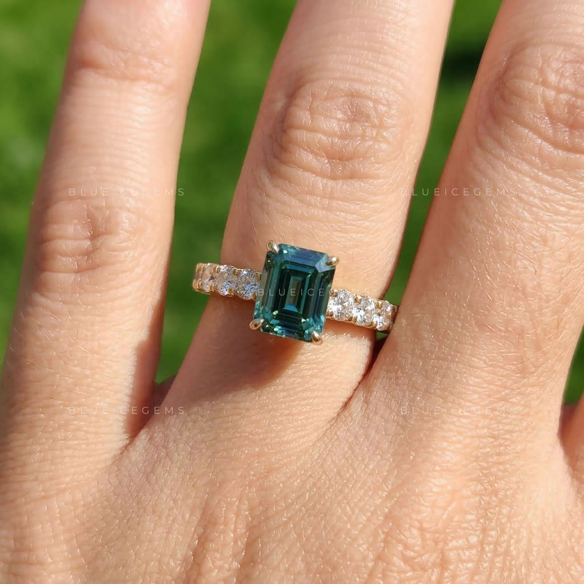 Azure Horizon Emerald Cut Cyan Blue Trilogy Ring