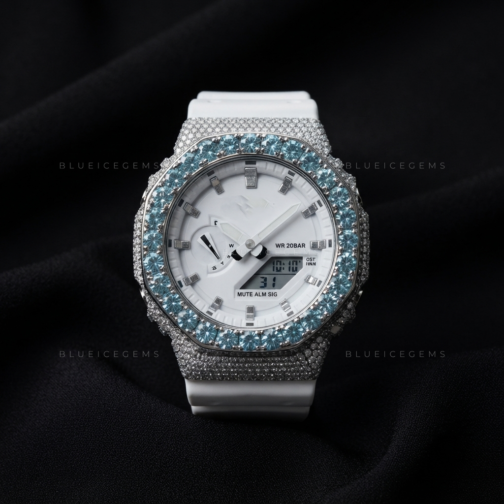 Aqua Frost Mirage Iced Watch – Blue Moissanite & White Resin
