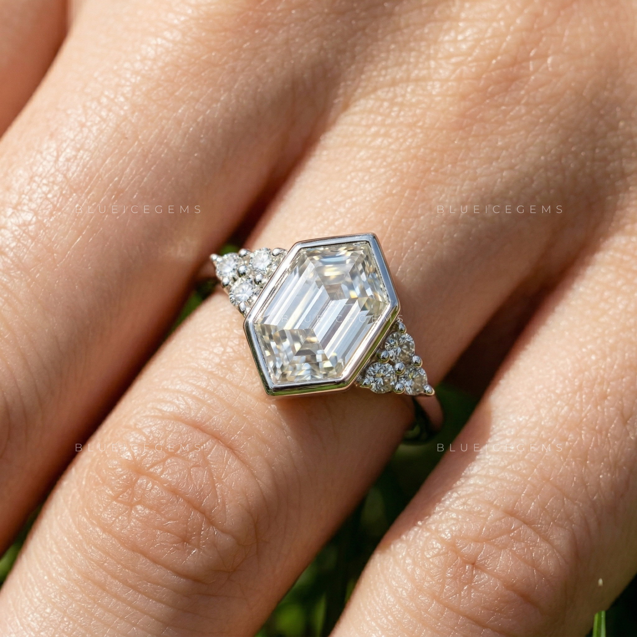 Architectural Sophistication Hexagon Step Cut Trilogy Engagement Ring