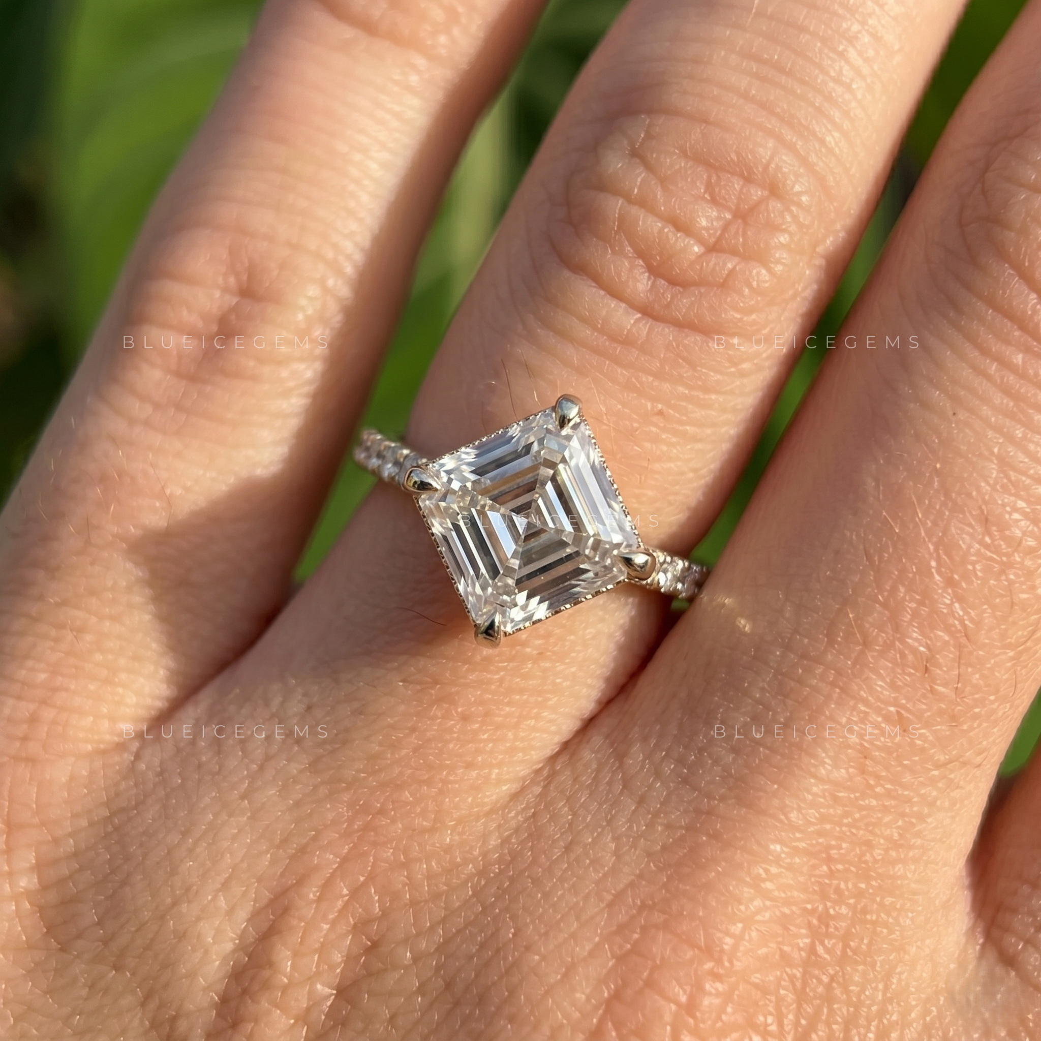 Vintage Precision Asscher Cut Hidden Halo Engagement Ring
