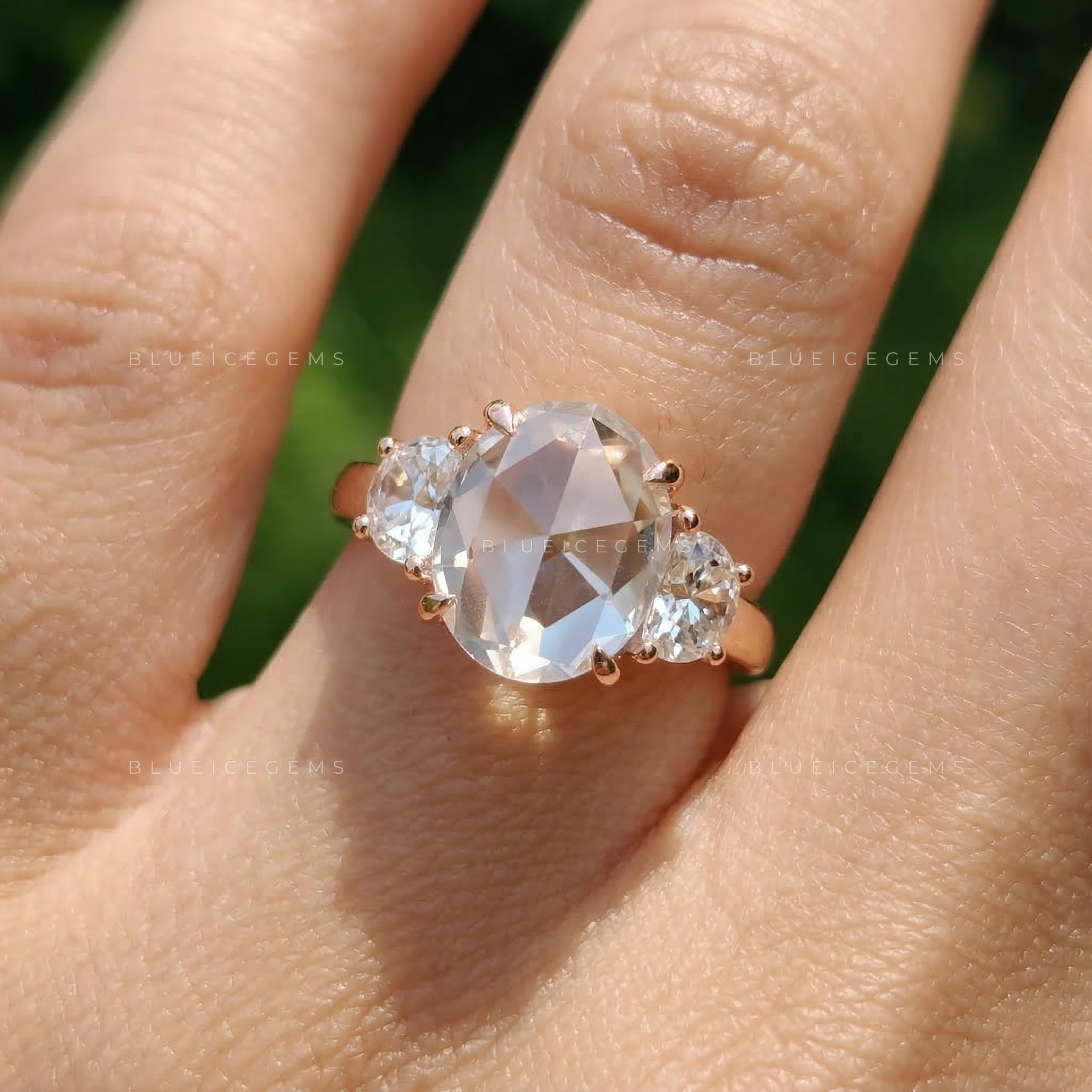 Vintage Oval Rose Cut Half Moon Trilogy Ring