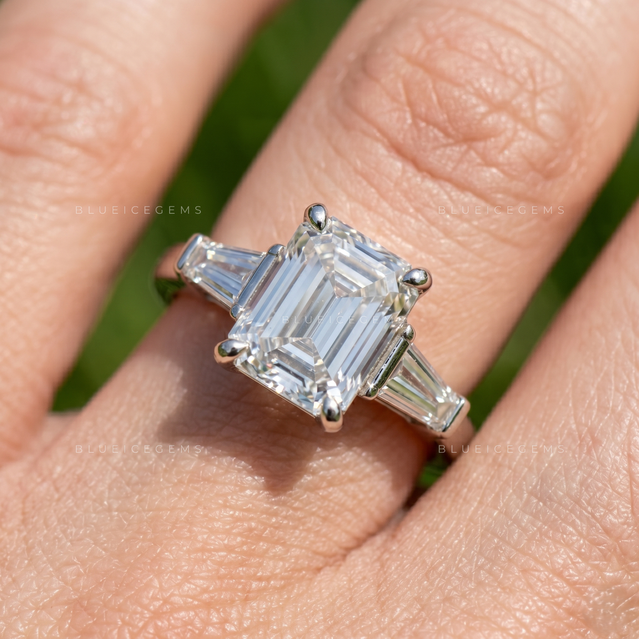 Emerald Cut Trilogy Engagement Ring with Tapered Baguettes
