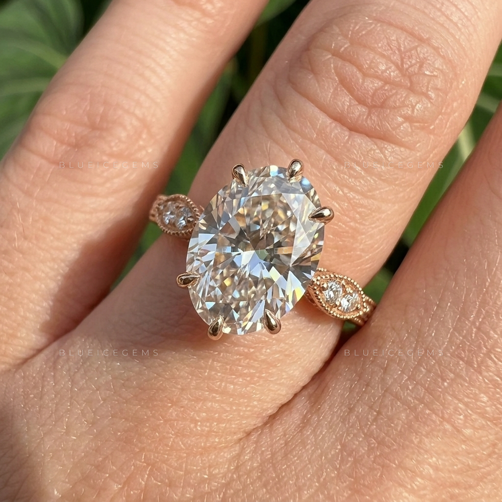 Vintage Inspired Oval Cut Compass Prong Engagement Ring with Diamond Accents