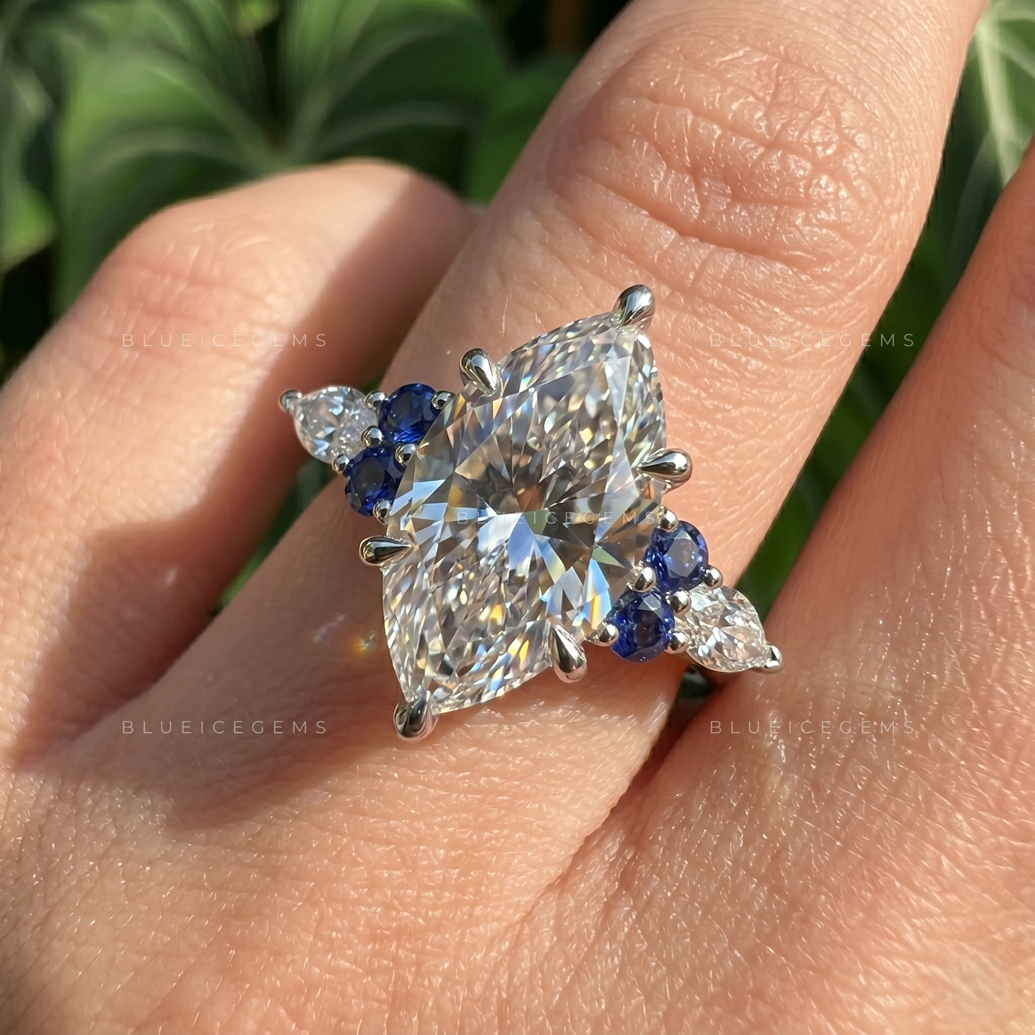 Royal Sapphire Splendor Marquise Cut Three-Stone Accent Ring